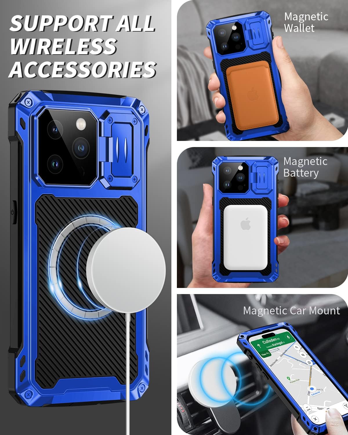 Lanhiem Funda de metal para iPhone 14 Pro Max, soporte de cámara integrado y protector de pantalla de vidrio templado protectora resistente de