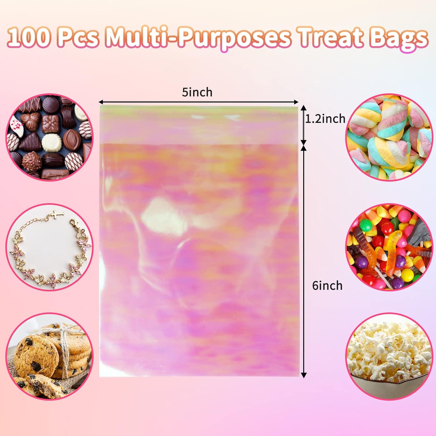 SUREHOME Bolsas para galletas con sellado, 100 unidades, 5 x 6 pulgadas, holográficas, iridiscentes, autoadhesivas, bolsas de celofán resellables,