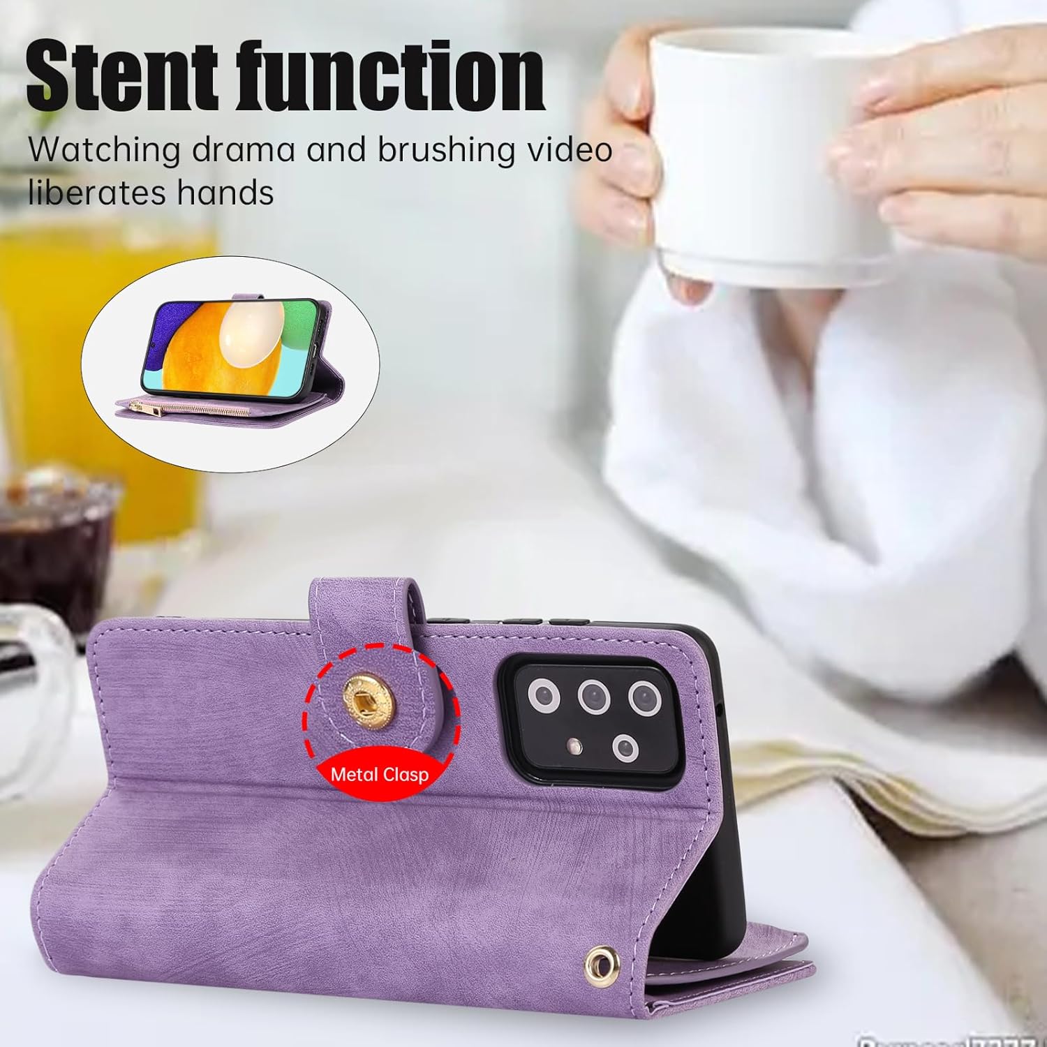 Funda de teléfono para Samsung Galaxy A52A52S 5G Funda tipo cartera con protector de pantalla de vidrio templado y correa para la muñeca de cuero