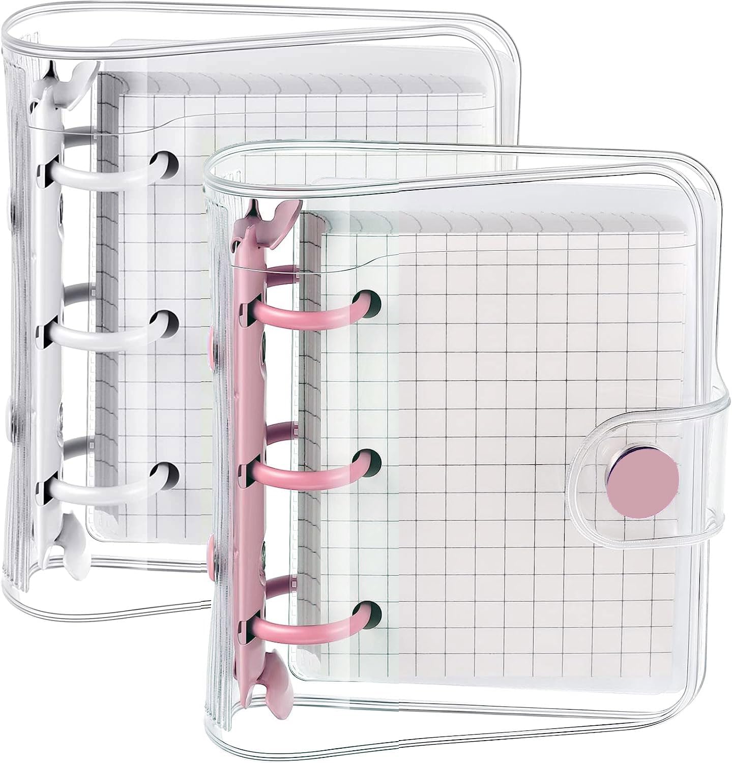 Juego de 2 mini carpetas de 3 anillos transparentes con mini bolsillos interiores de papel, cierre de cuaderno de PVC suave y transparente, carpeta