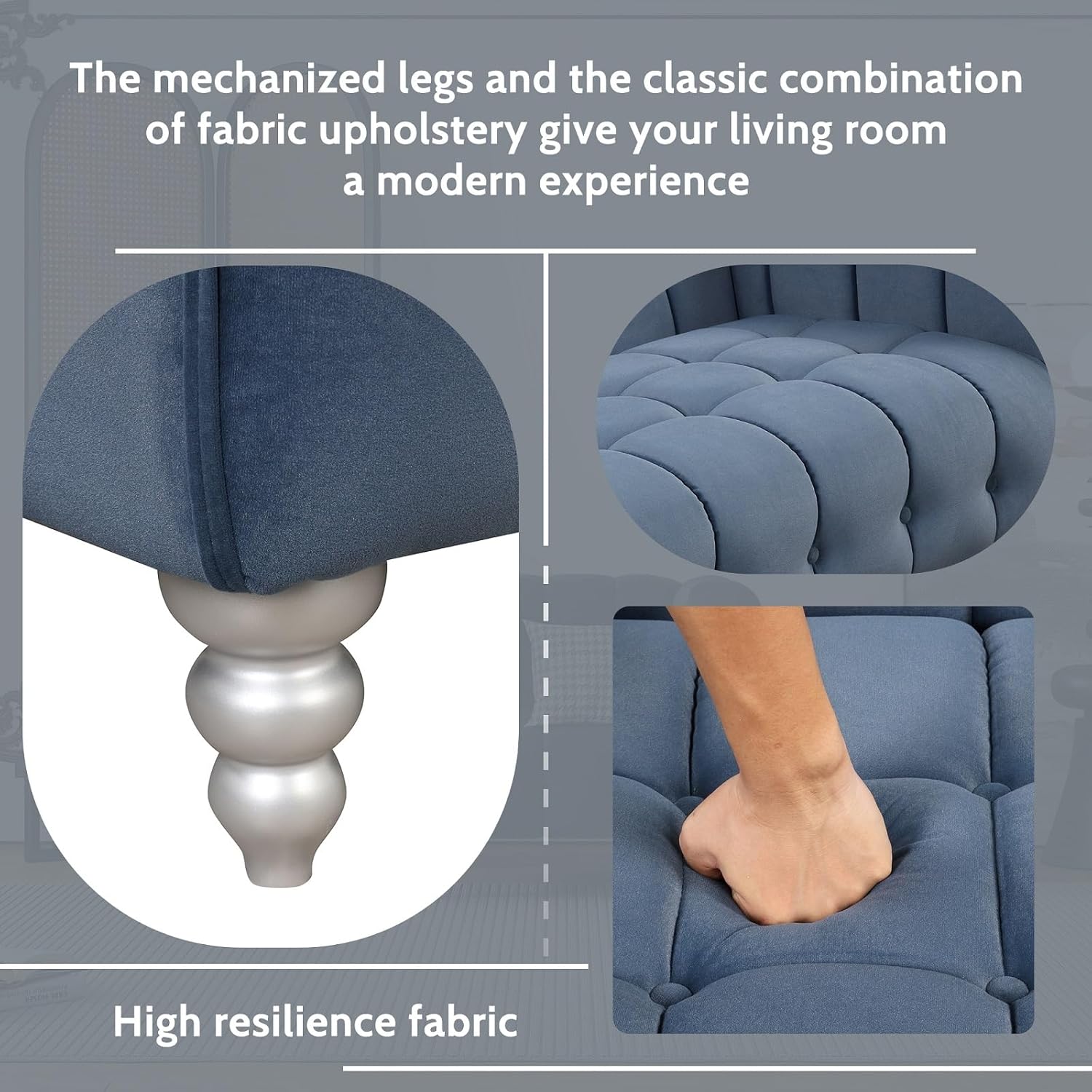 Juegos de sofás para sala de estar, moderno sofá de 3 piezas con patas de madera maciza, respaldo copetudo con botones, juego de sofá tapizado de