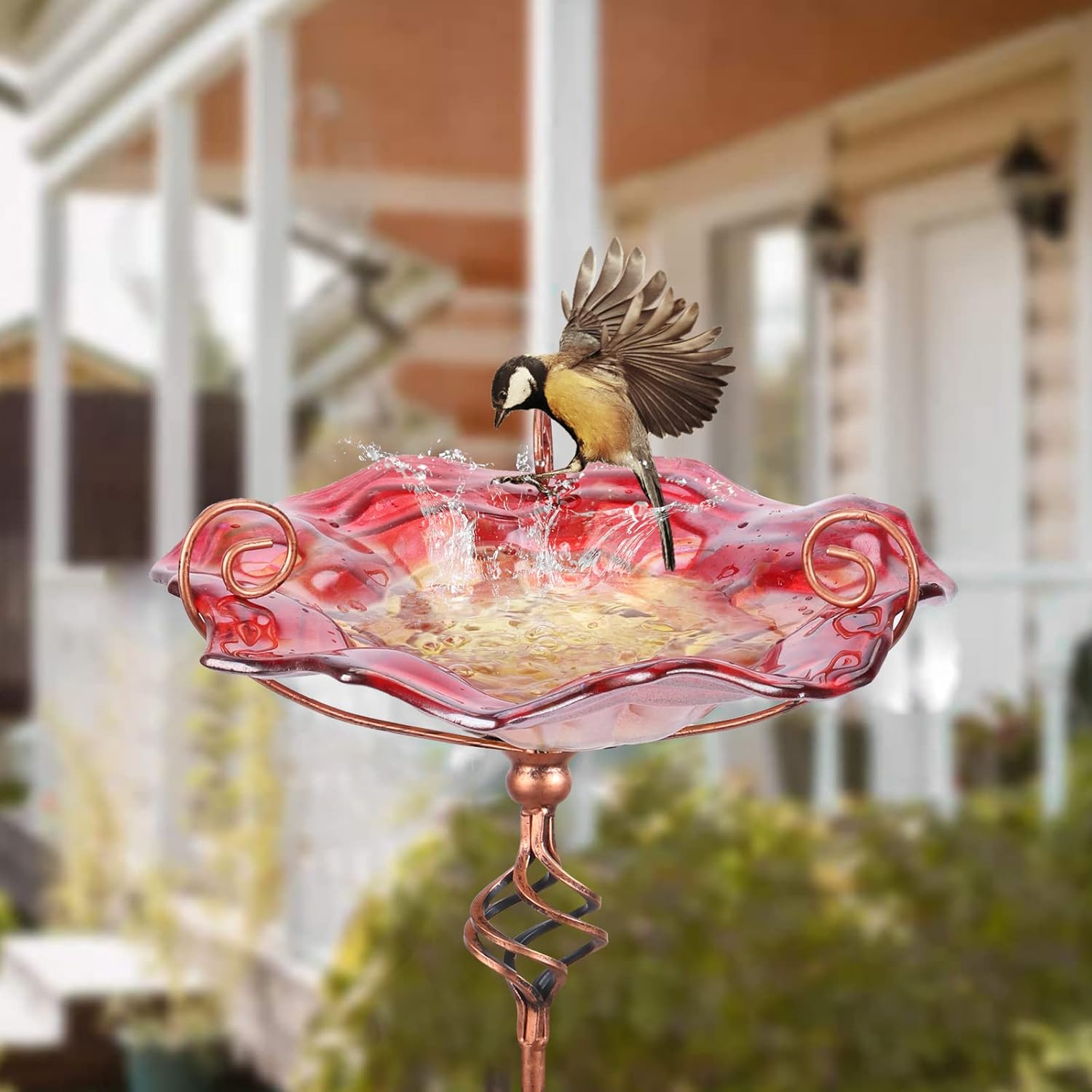 VCUTEKA Baño para pájaros, bañeras de cristal para pájaros para exteriores, comedero de pájaros con estaca de metal, decoración de jardín, 31