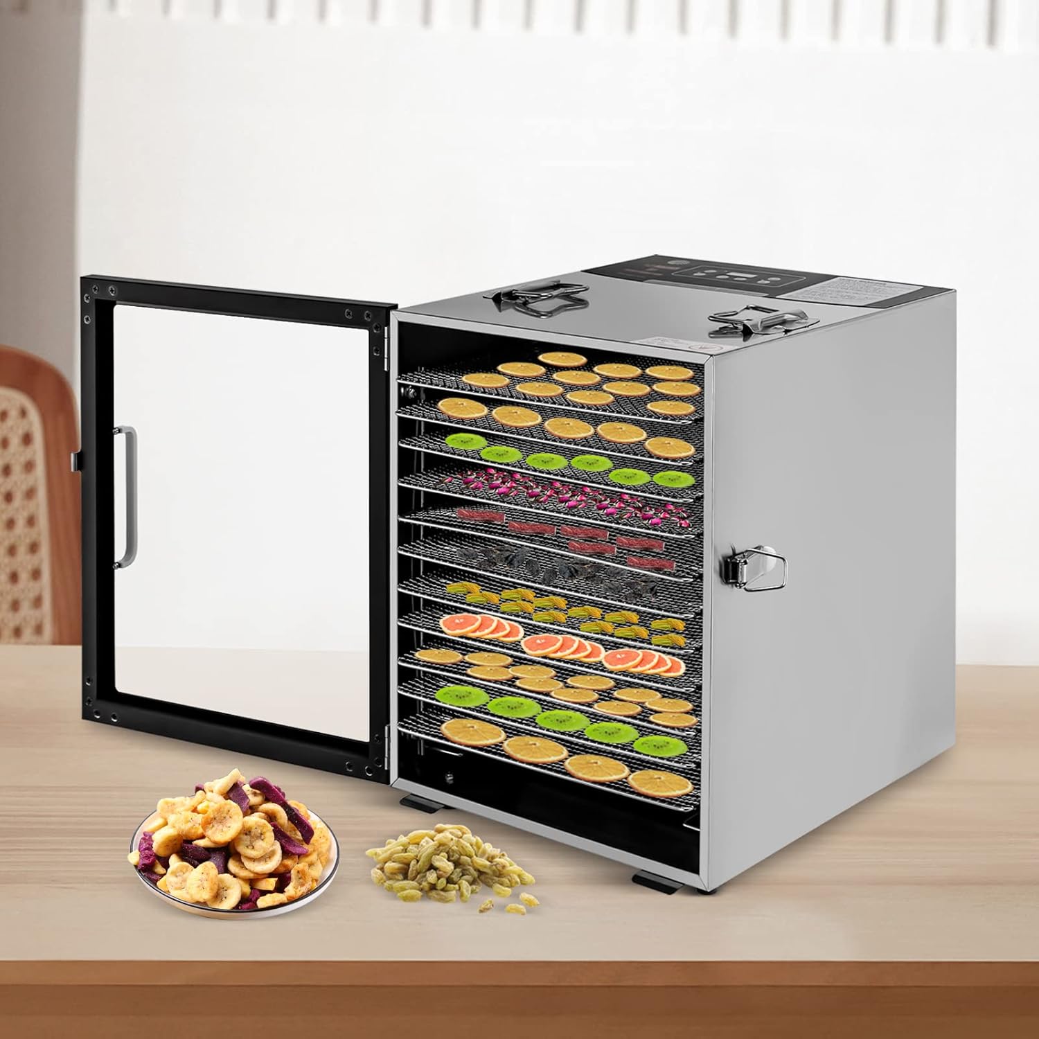 Deshidratadores de alimentos para encimera, máquina secadora de acero inoxidable con temporizador ajustable, control de temperatura de 86.0-176.0 F