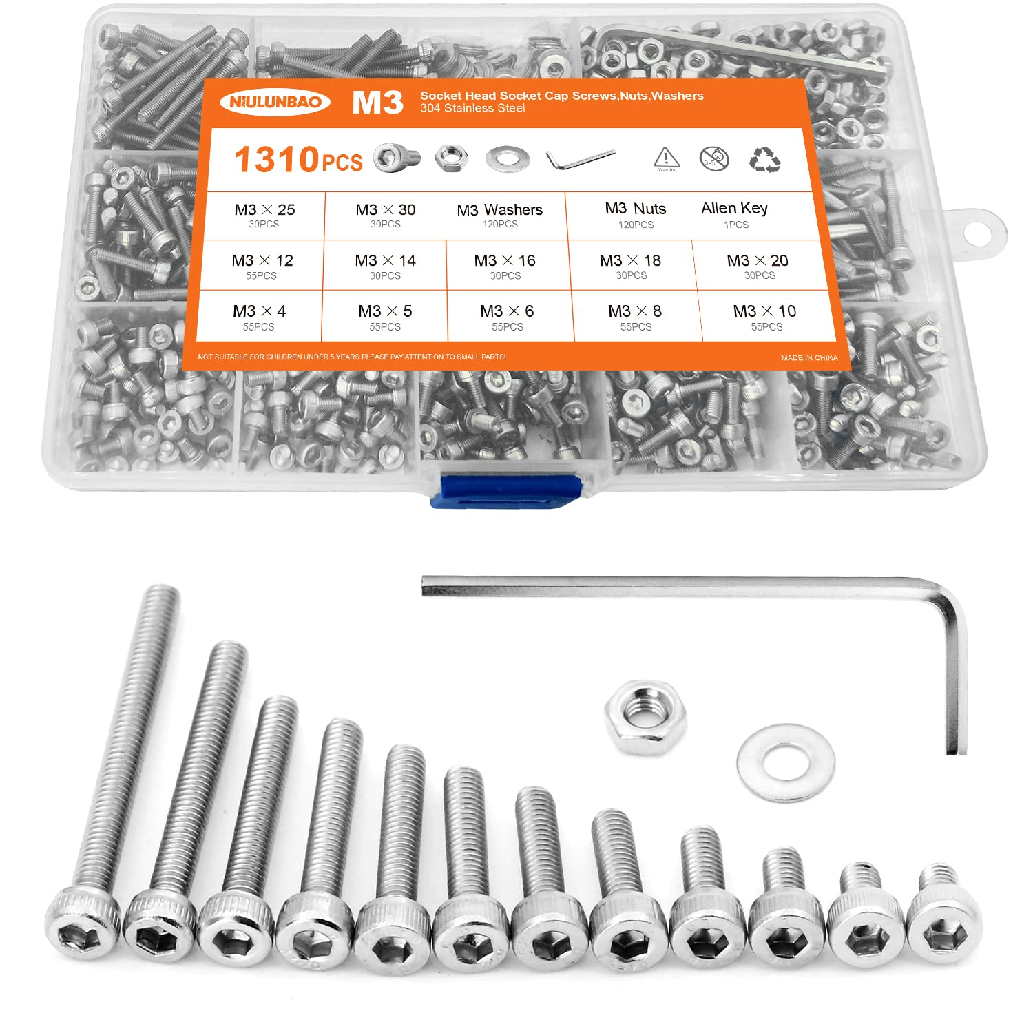 Juego de 1310 tornillos de cabeza hexagonal M3 x 4568101214161820251.181 in, tornillos y tuercas planas, arandelas planas, acero inoxidable 304,