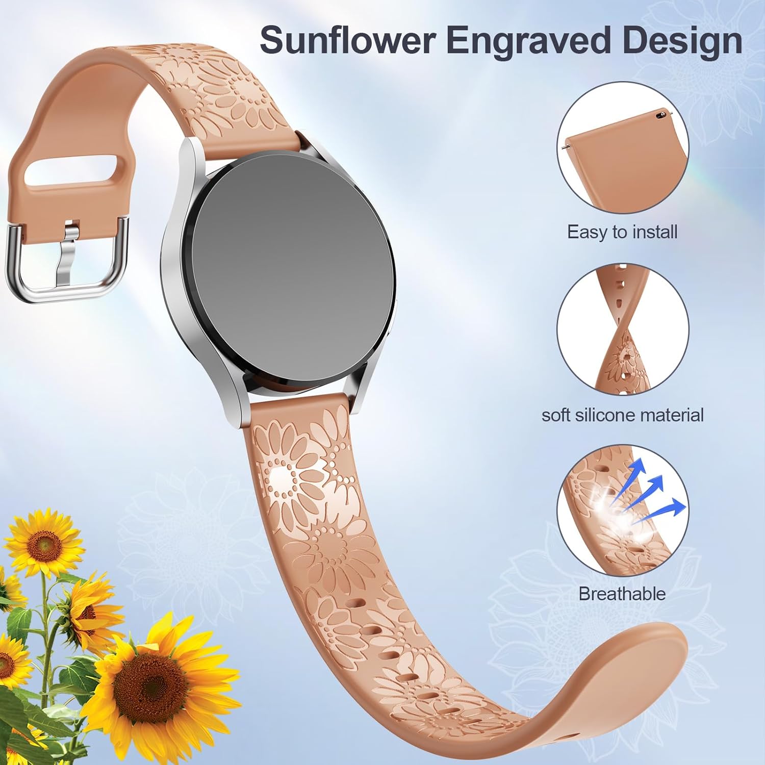 Correa grabada de girasol compatible con Samsung Galaxy Watch 6 5 4 1.575 in 1.732 in5 Pro 1.772 inWatch 6 4 Classic 1.693 in 1.850 in 1.654 in