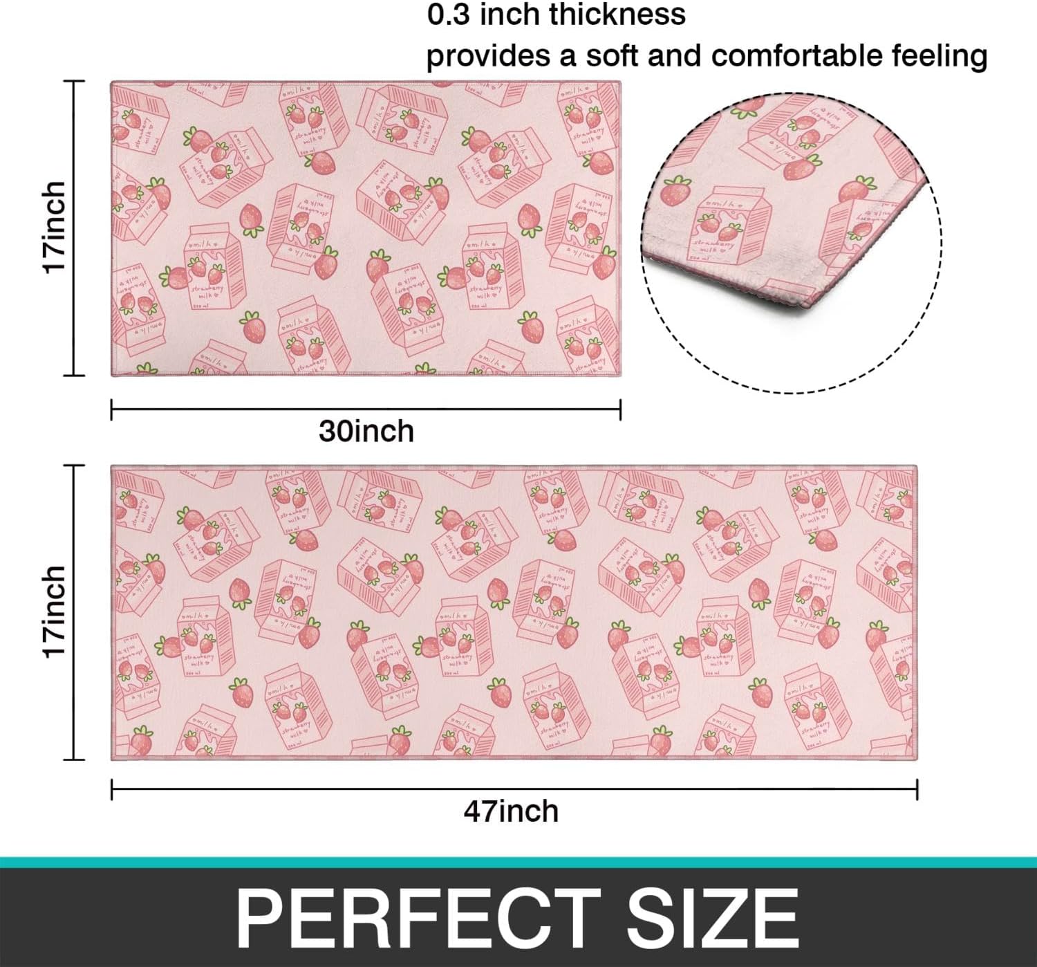 Brilbcu Juego de 2 tapetes de cocina con diseño de vaca de fresa rosa, alfombras decorativas para cocina, de bajo perfil, de vaca, fresa, decoración