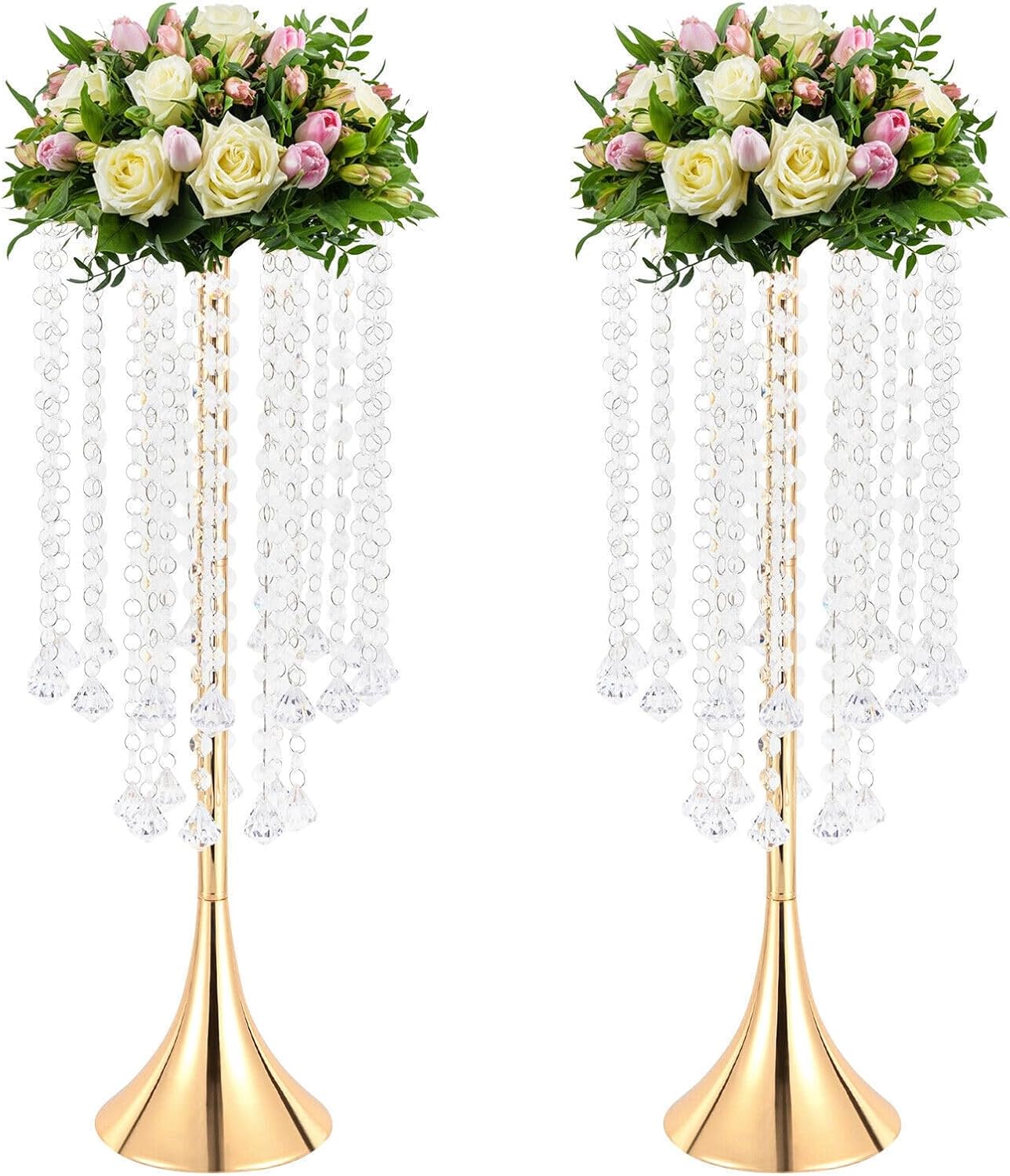 Jarrón de cristal dorado de 2 piezas, 21.9 pulgadas, soporte de flores de cristal acrílico, arreglo de mesa, mesa de boda, decoración de flores para