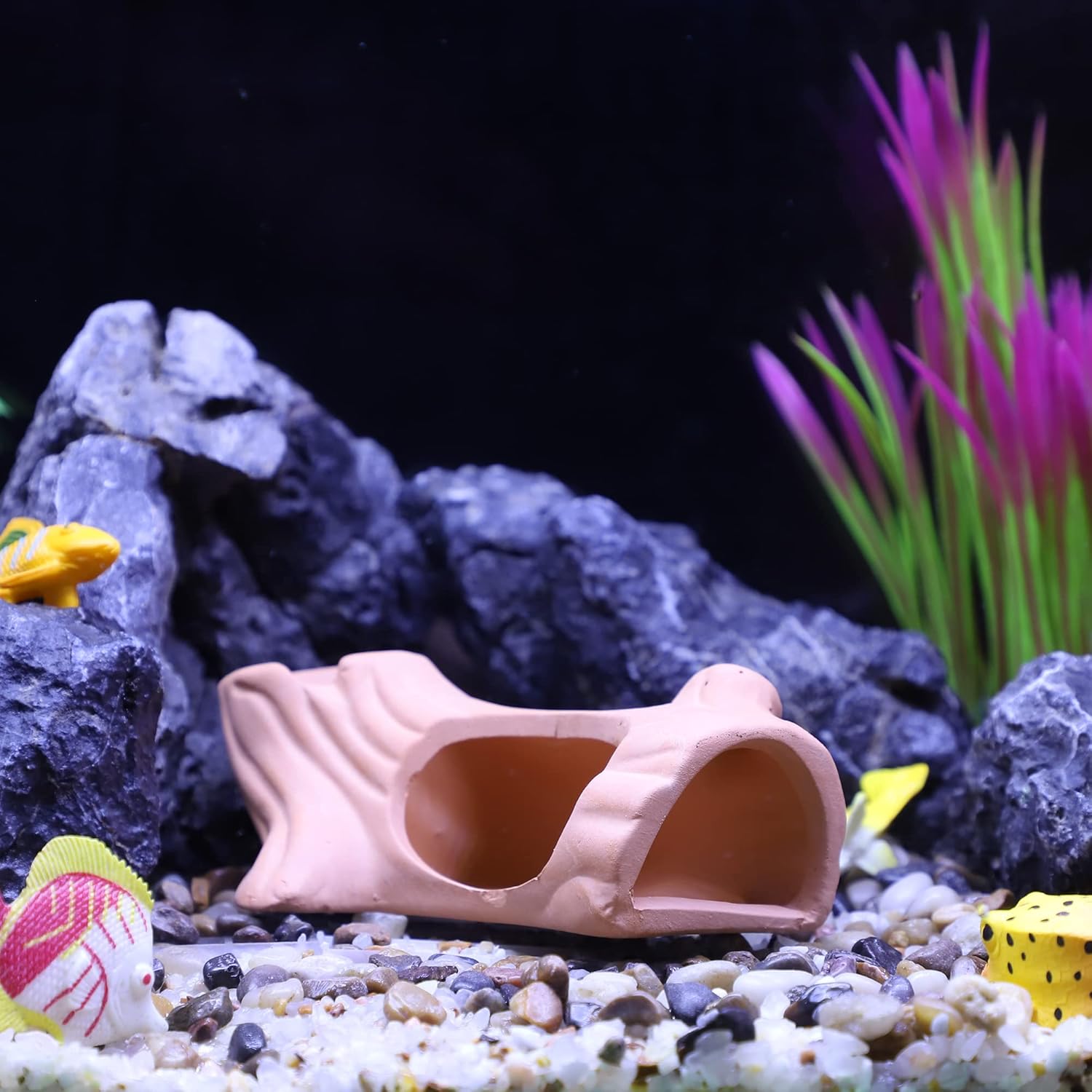 VOCOSTE Decoraciones de acuario cueva de roca escondida, piedra de decoración de pecera de cerámica para mascotas acuáticas para reproducir, marrón