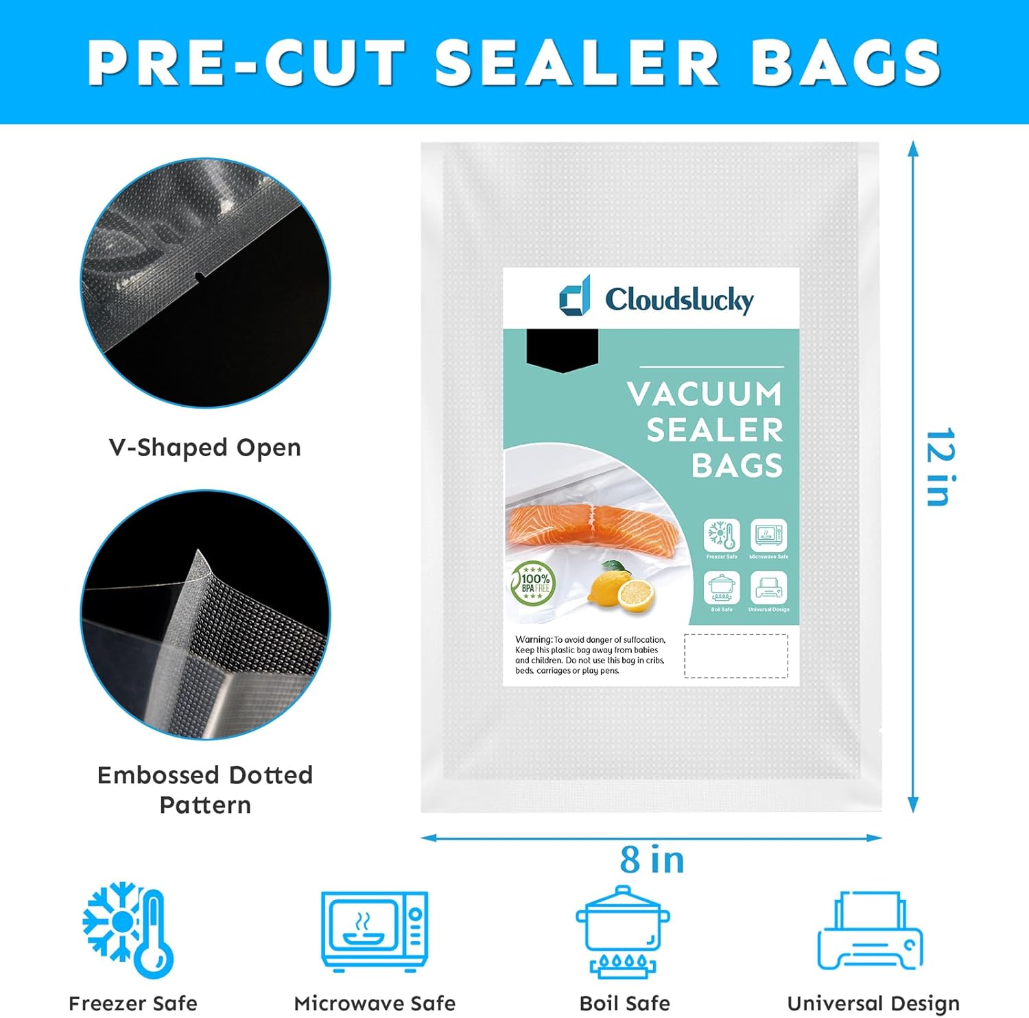 Bolsas selladoras al vacío para alimentos de 8 x 12 pulgadas, 100 unidades para sellar una bolsa de comida, bolsas para guardar alimentos, bolsas de