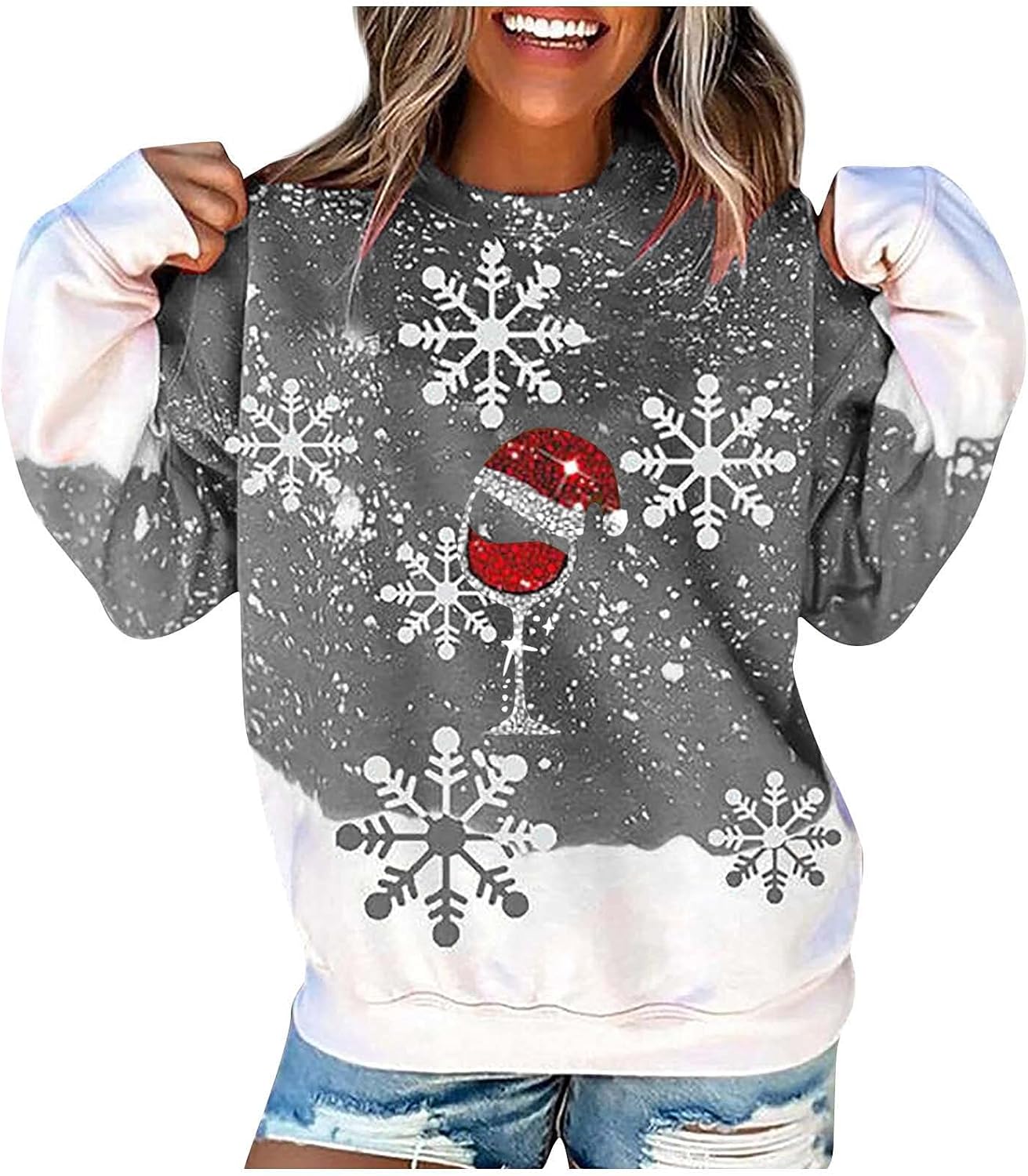 SNKSDGM Sudadera casual con cuello redondo para mujer, diseño de copos de nieve, con estampado de alce y copos de nieve, de manga larga, sin