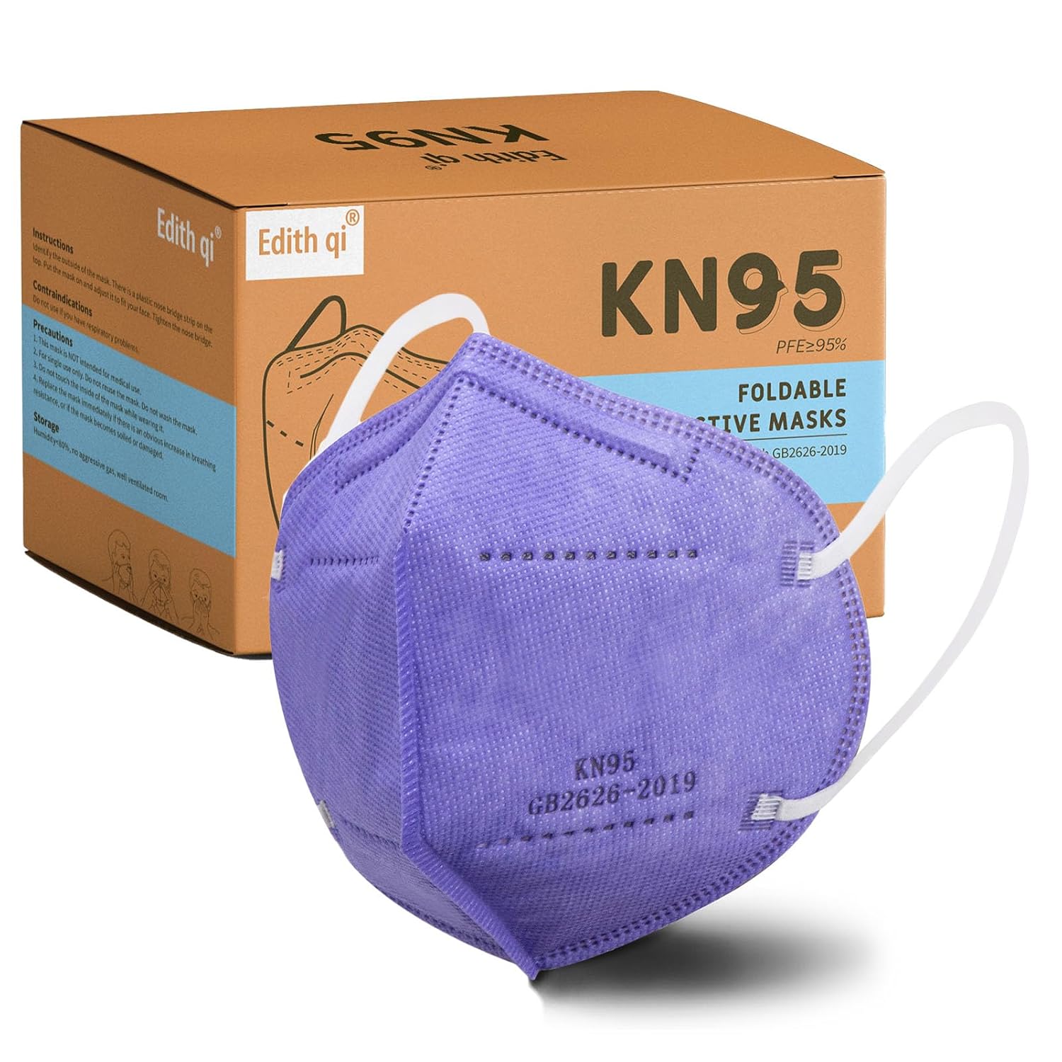 Mascarilla KN95, 50 unidades, envueltas individualmente, mascarillas desechables de 5 capas moradas para adultos, eficiencia del filtro del 95 %,