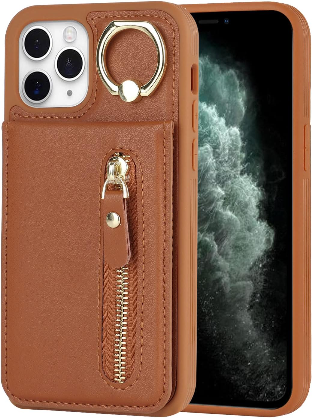 Funda para iPhone 11 Pro con tarjetero para iPhone 11 Pro, cartera con tarjeta de crédito con anillo, cierre de cremallera, a prueba de golpes,