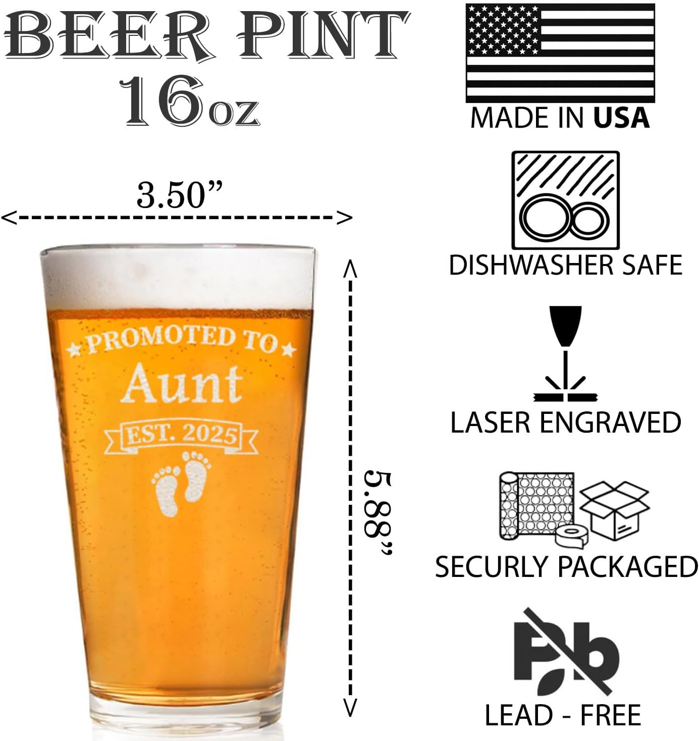 Promoted To Aunt Est 2025 – Vaso de cerveza grabado, 16 onzas, regalo para tía, día de la madre, Navidad