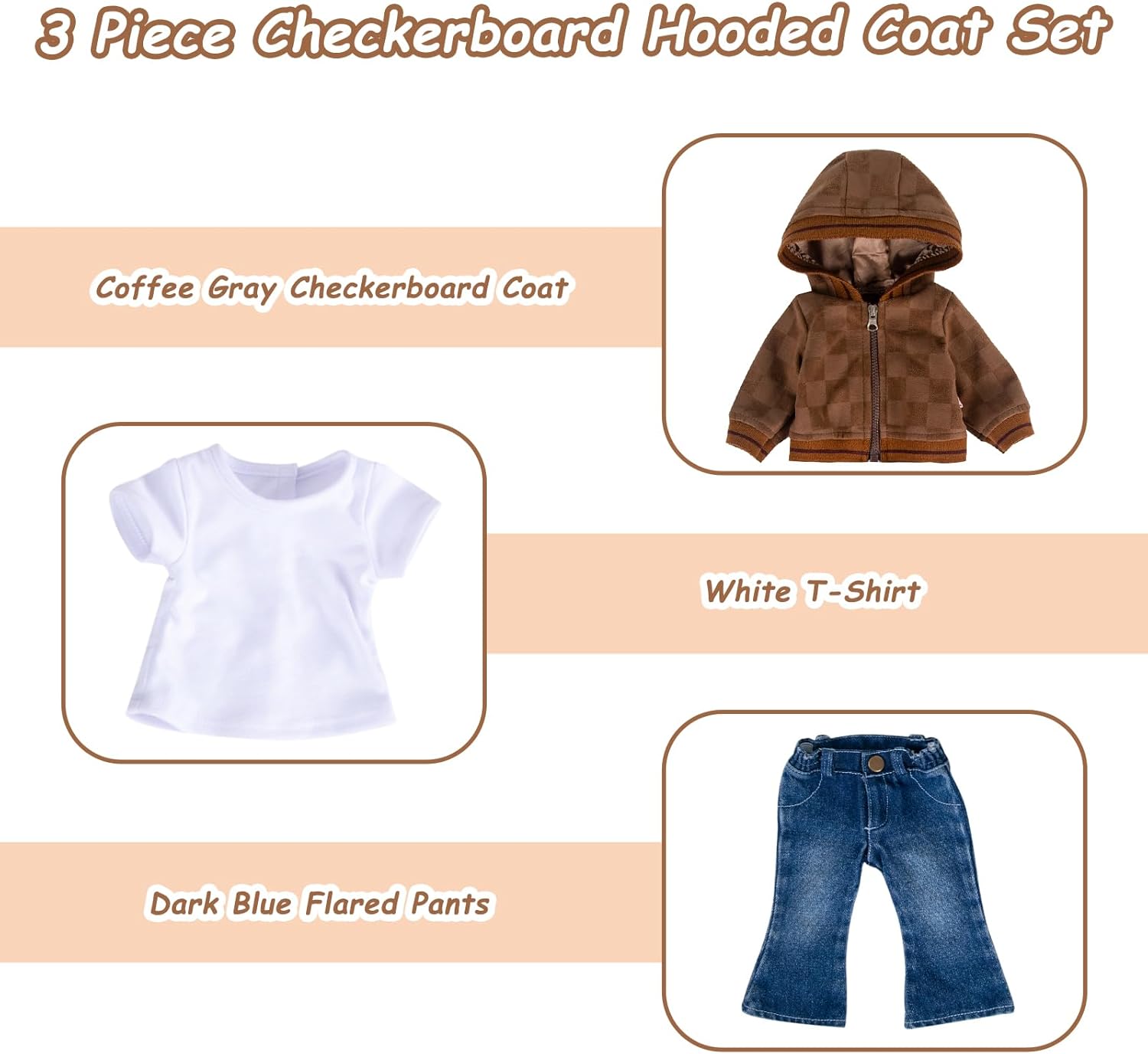 Conjunto de ropa de muñeca de 3 piezas Conjunto de ropa Mocha Coat Blue Jeans & White T-Shirt Baby Doll Ropa Traje (sin muñeca y zapatos) 030