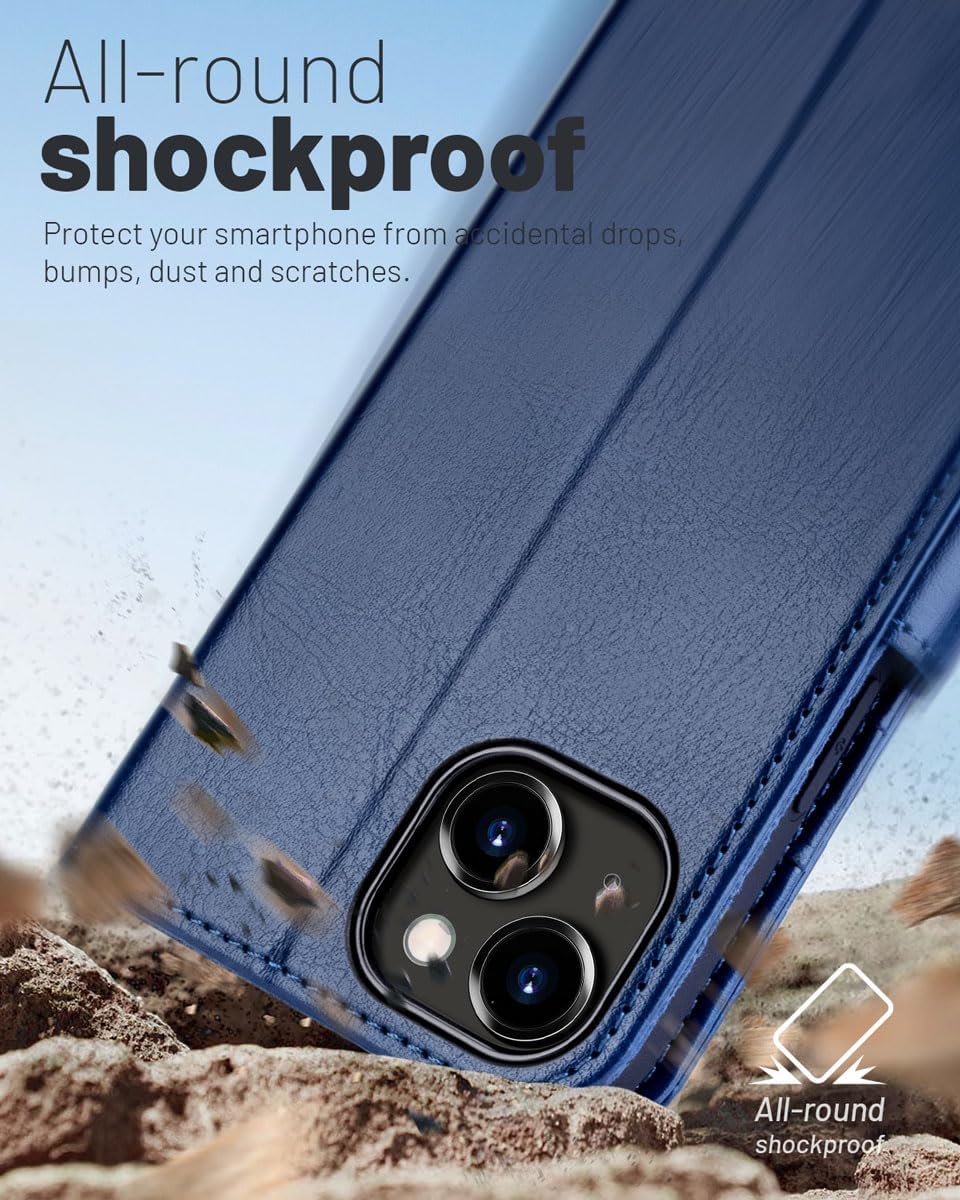 OCASE Funda de piel sintética compatible con iPhone 15, con tarjetero y función atril con bloqueo RFID carcasa interior de TPU a prueba de golpes