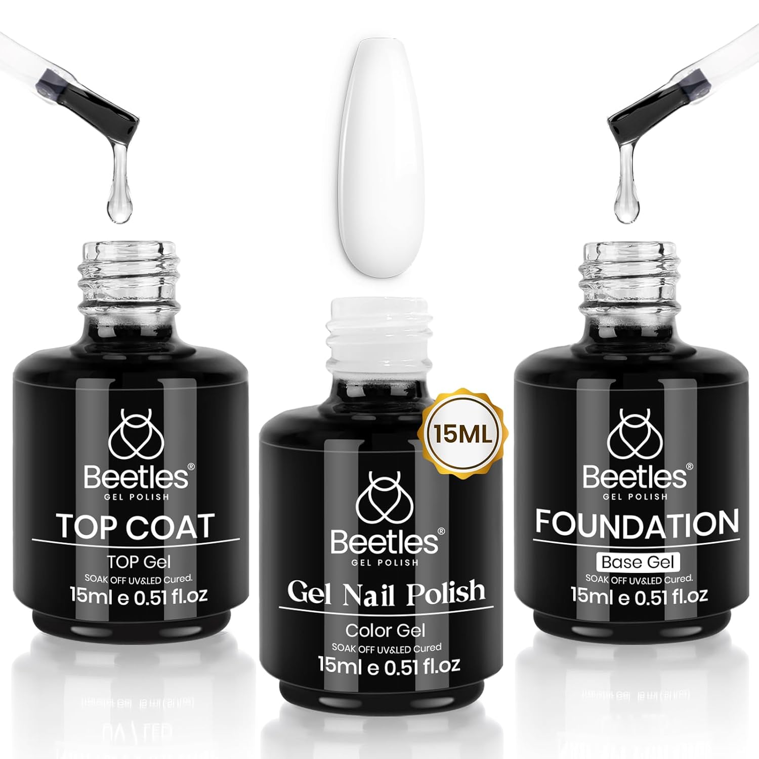 beetles Gel Polish Juego de 3 esmaltes de gel de 0.5 fl oz que no se limpian y capa base de gel blanco para remojar con lámpara de uñas UV, acabado