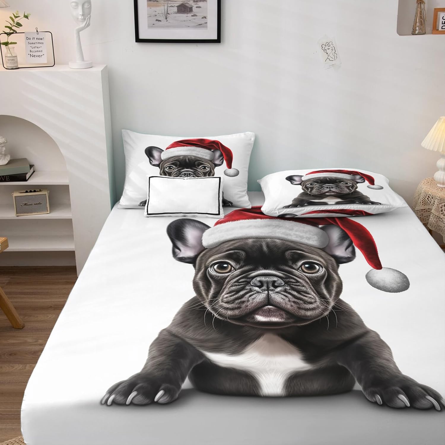 Sábanas de bulldog francés negro tamaño matrimonial, sábanas de cama con temática navideña, microfibra suave y bolsillo profundo, sábanas y fundas