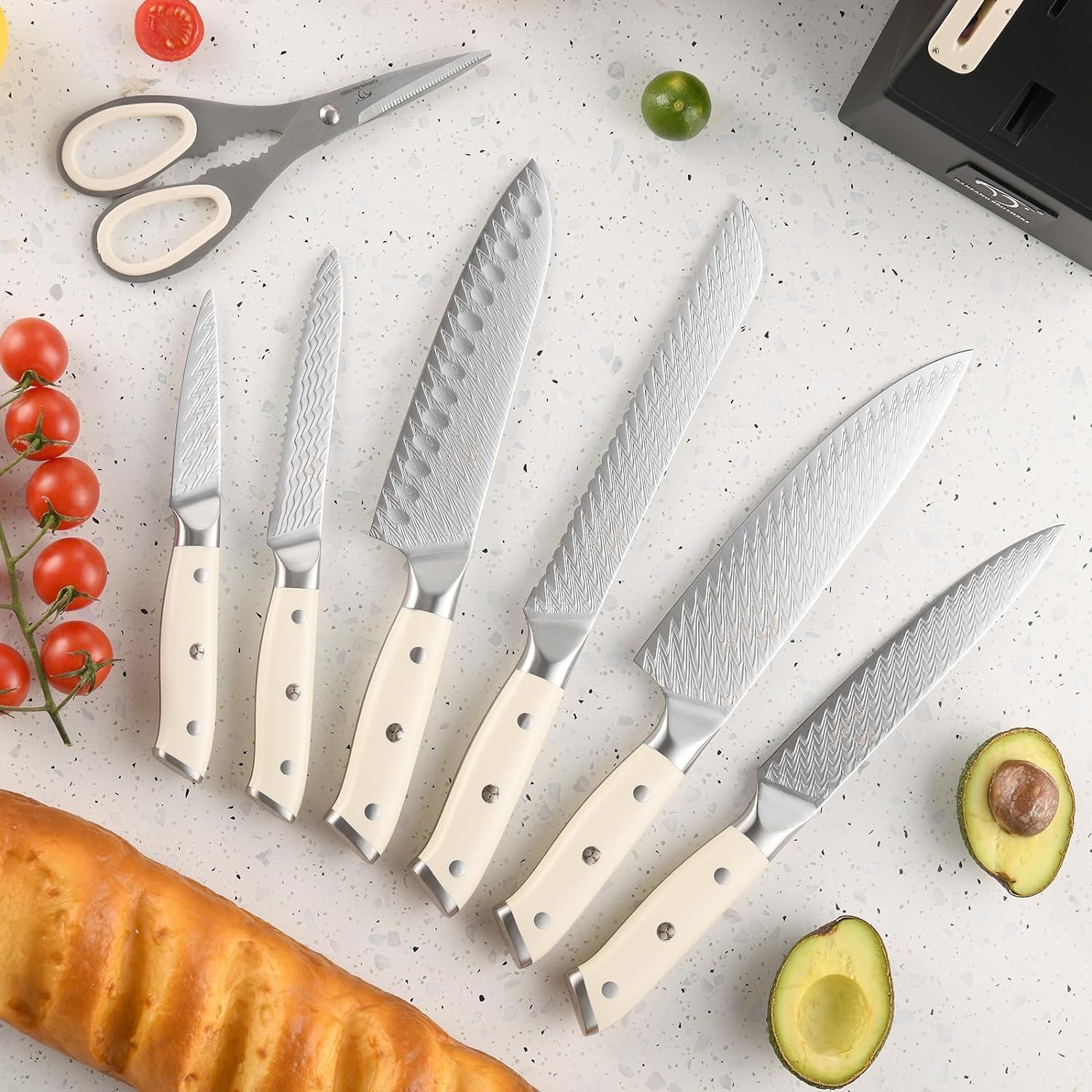 NANFANG BROTHERS Damascus – Juego de cuchillos de cocina de 14 piezas, mango ergonómico ABS para VG10 acero profesional cuchillos de chef con bloque