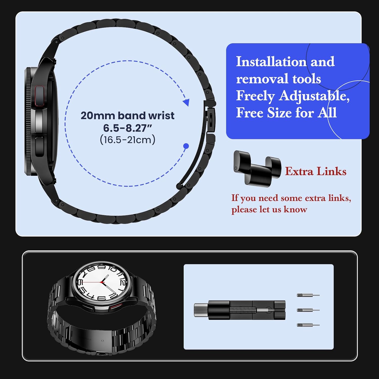 Goton Correa de acero inoxidable de 0.787 in sin brecha accesorio de un clic para Samsung Galaxy Watch 6 5 4 Active 2 1.575 in 1.732 in, Watch 6