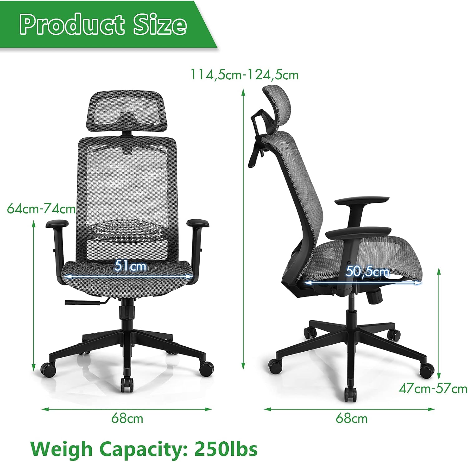 BestComfort Silla de oficina de malla con respaldo alto, silla ejecutiva ergonómica con ángulos reclinables ajustables, soporte lumbar,