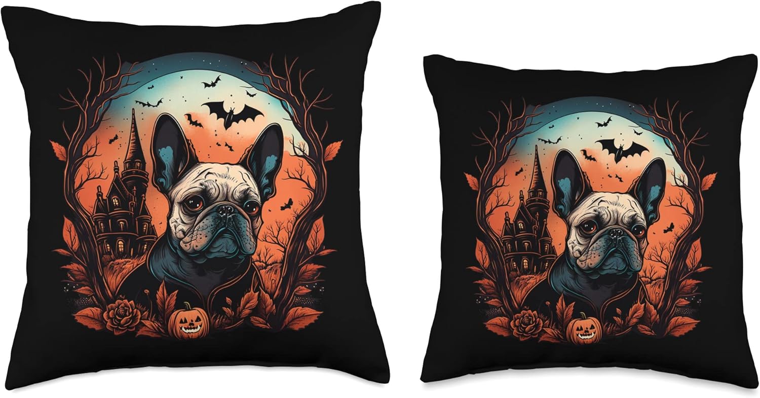 French Bulldog  Funny & Cute Frenchie Love Motifs Disfraz de bulldog francés de Halloween  Almohada aterradora de bruja y calabaza, 18 x 18
