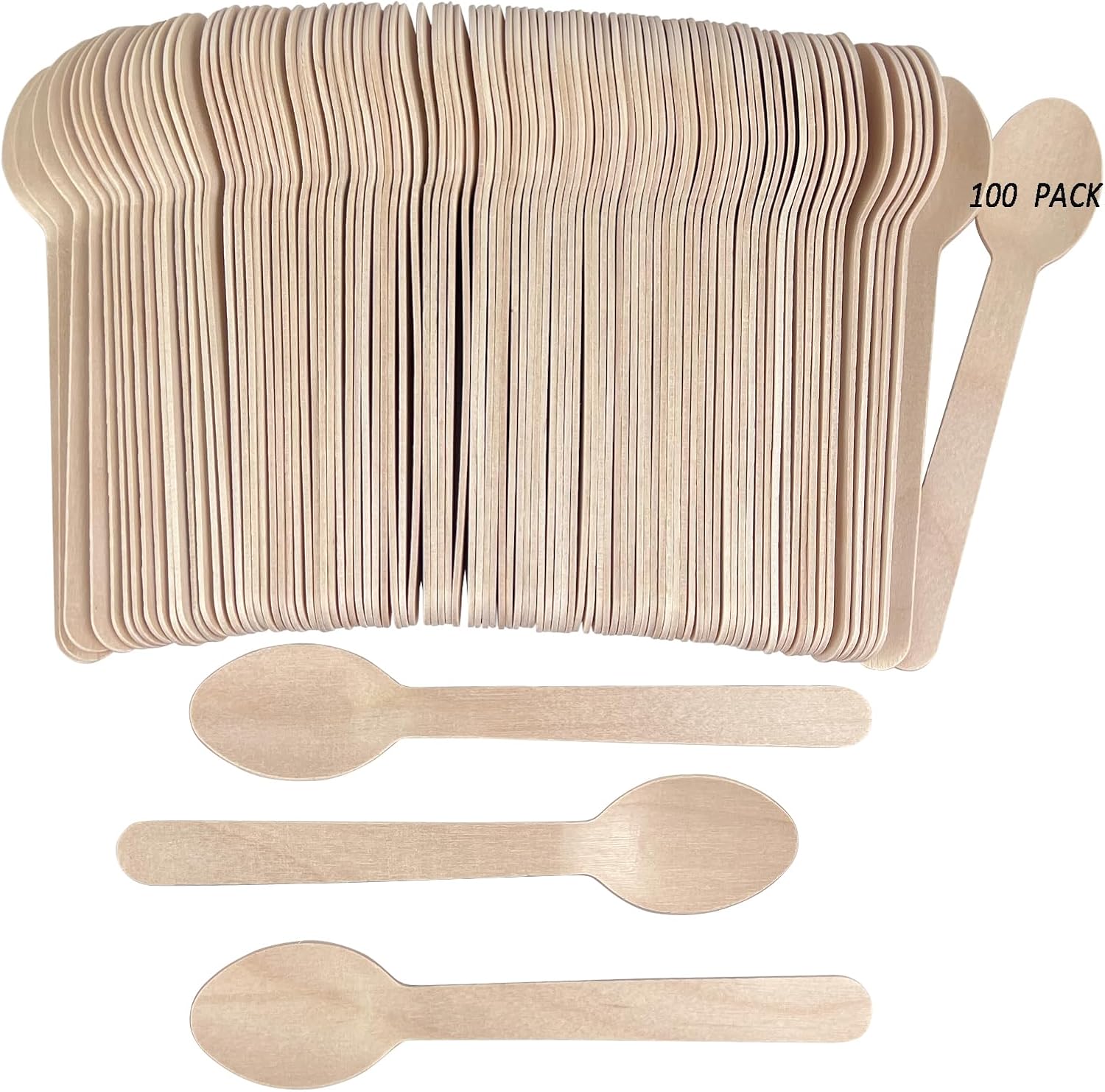 Cucharas de madera desechables, paquete de 100 cucharas de bambú biodegradables compostables de 6.3 pulgadas, utensilios de madera natural para
