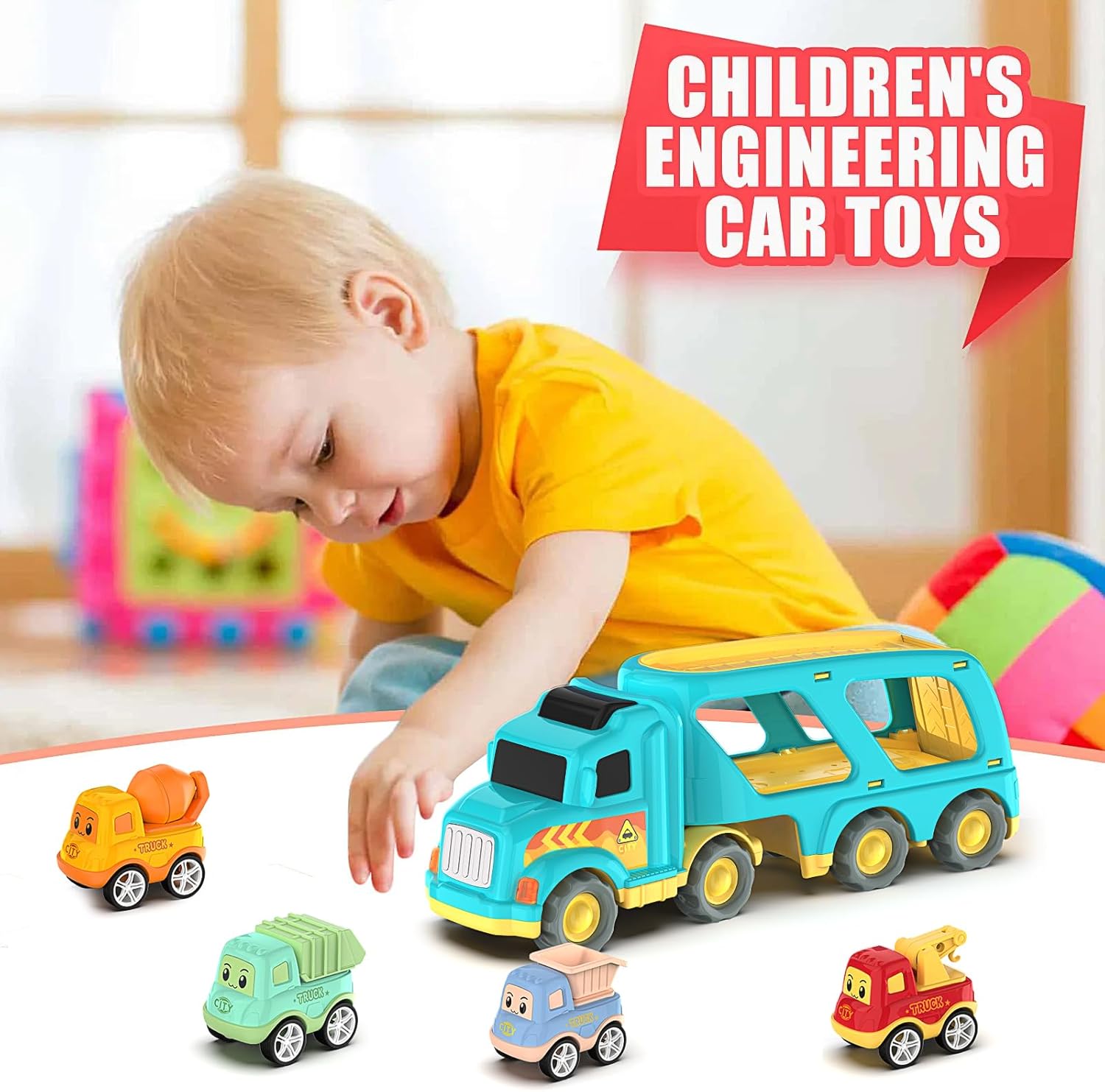 Moritakk Camión de construcción para niños y niñas de 3, 4, 5, 6, 7 años, transporte 5 en 1, vehículos urbanos de transporte, juguetes para niños de