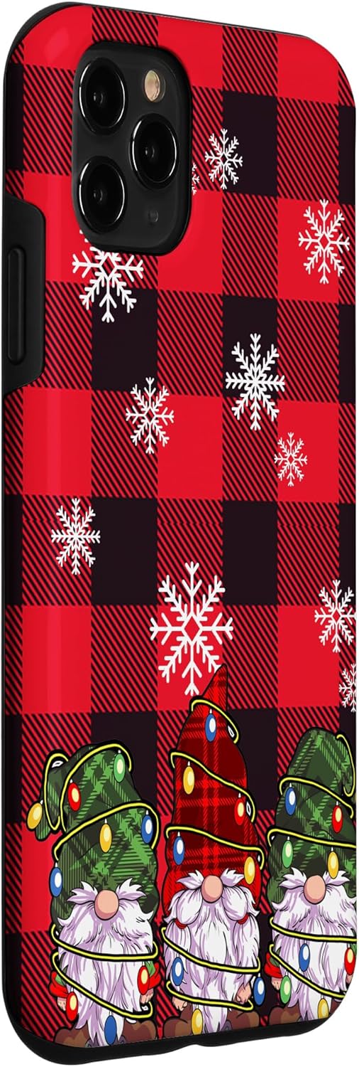 iPhone 11 Pro Max Navidad luces teléfono caso rojo búfalo cuadros tres gnomos caso