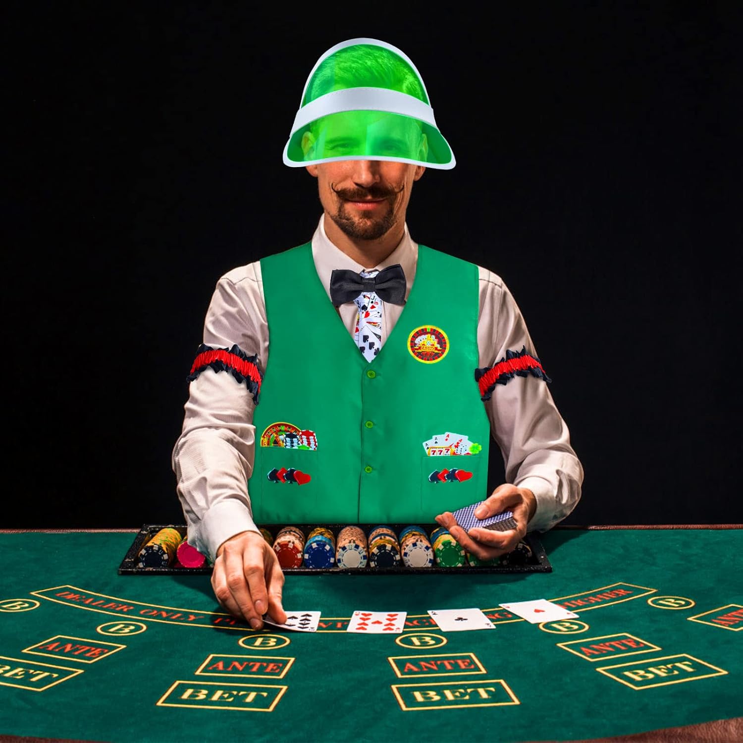 Juego de chaleco de distribuidor de casino, viseras de distribuidor, sombrero, pajarita, tarjeta de juego, corbata, brazalete, para Las Vegas, juego