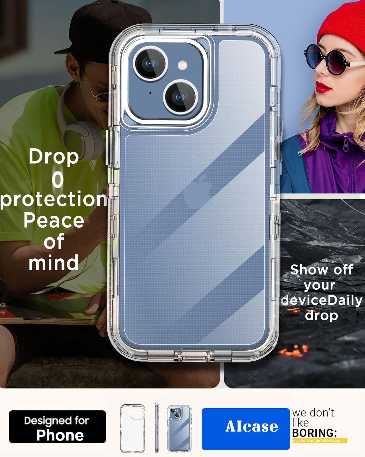 AICase Funda transparente para iPhone 15, resistente y duradera de 3 capas no amarillenta protección contra caídas de grado militar a prueba de