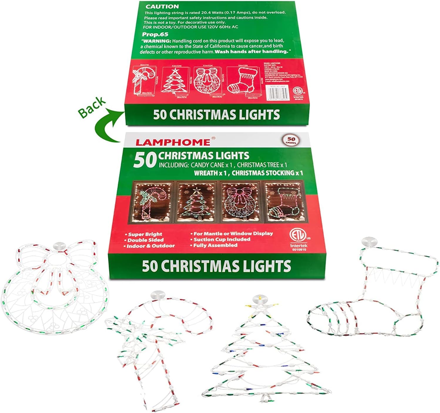 Paquete de 4 luces de bastón de caramelo iluminado, corona, medias, árbol de Navidad, silueta de ventana, decoración de ventana para Navidad,