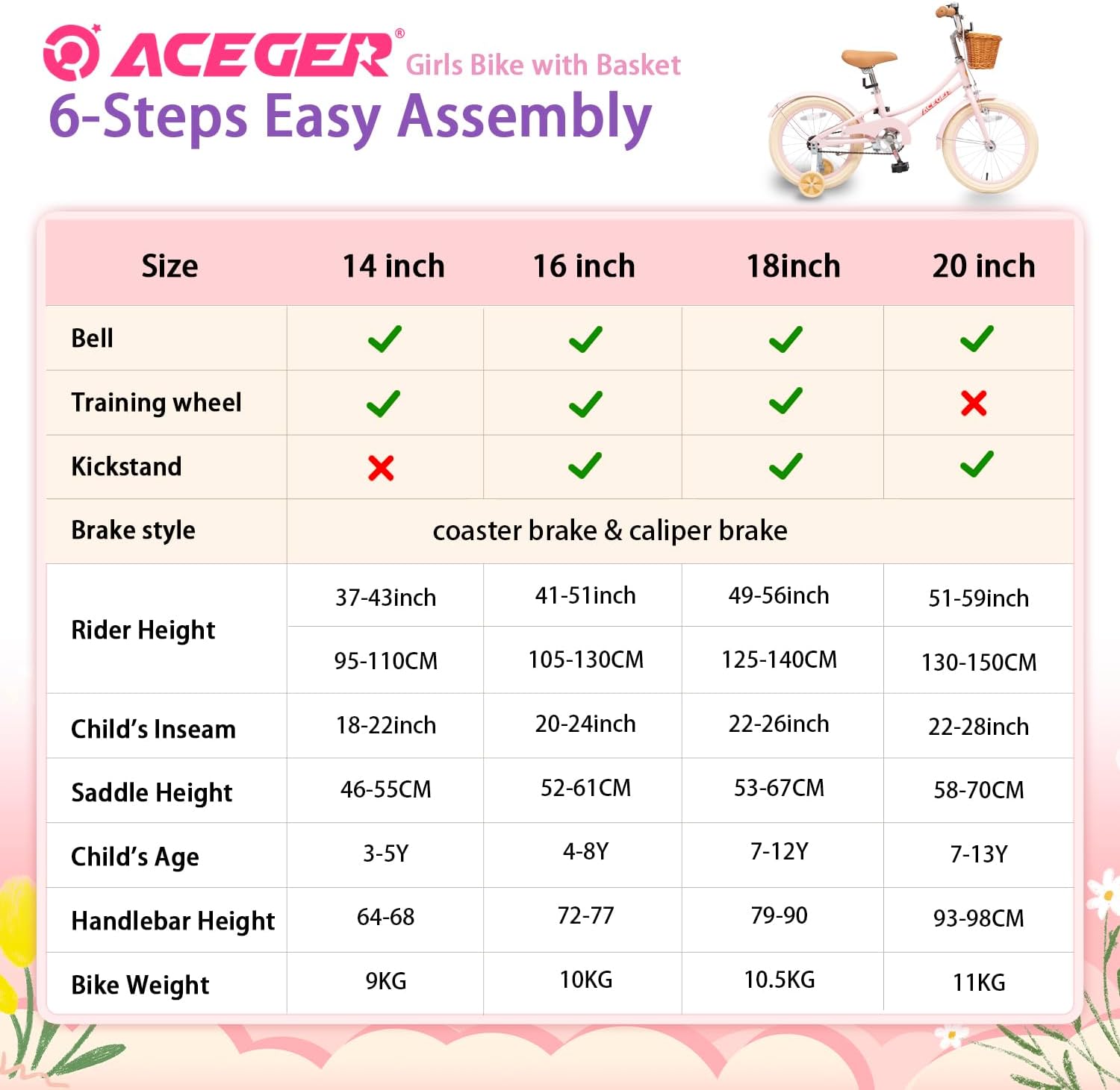 ACEGER Bicicleta para niñas con canasta, bicicleta para niños de 3 a 13 años, incluye freno de posavasos y freno de pinza, 14, 16, 18 pulgadas, con