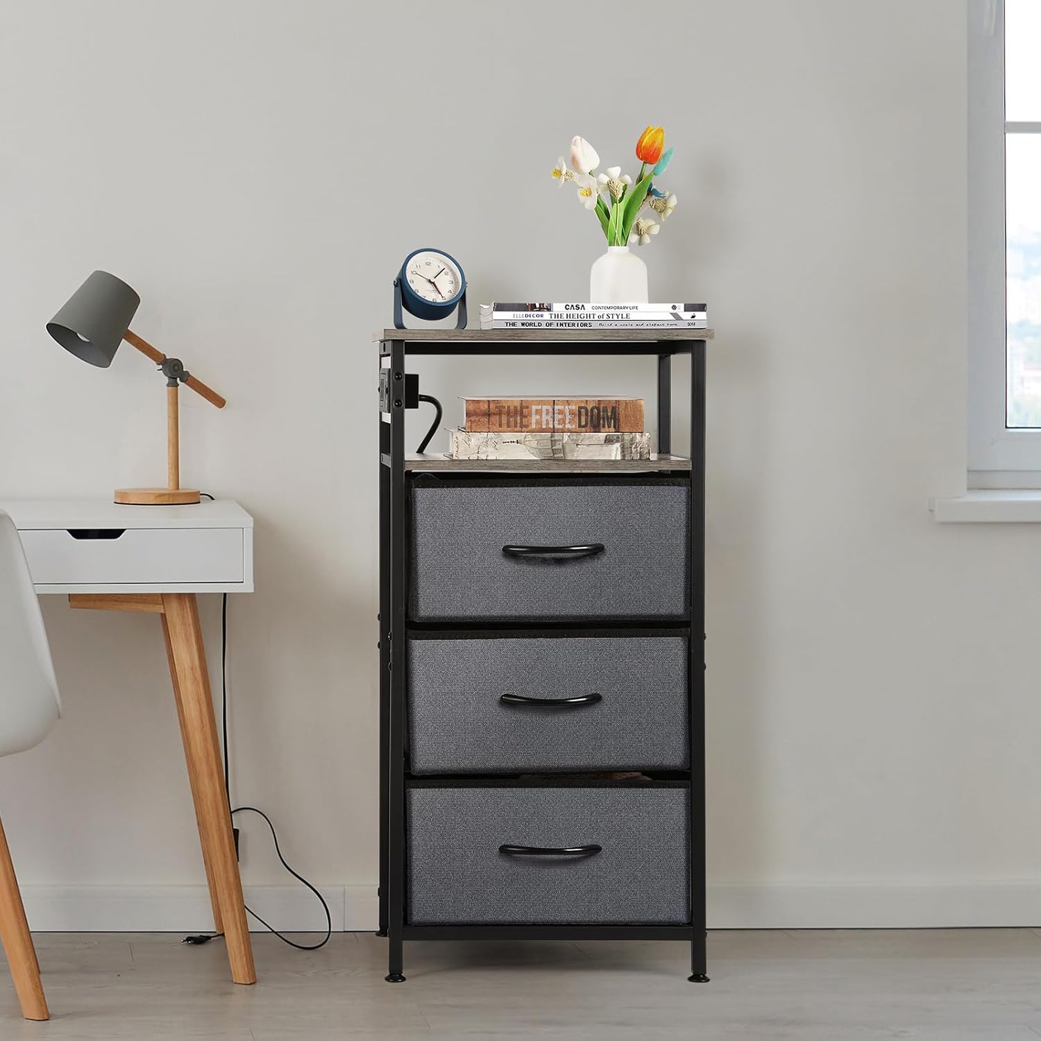 LIANTRAL Nightstand with Charging Station, Dresser with 3 Fabric Chest of Drawers, Dresser Storage for Bedroom, Hallway, Closet, Living Room,