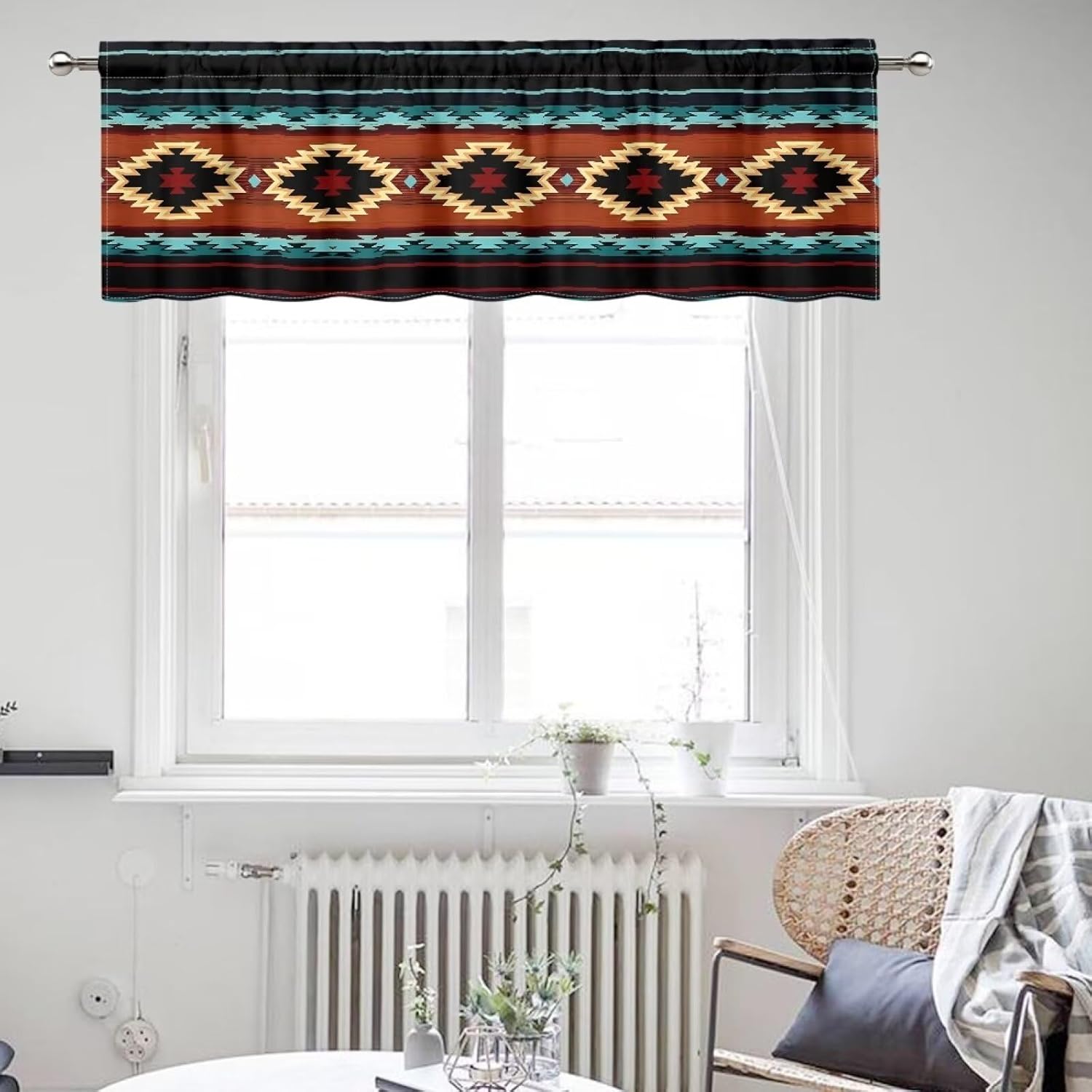PZZ BEACH Cenefa de ventana con estampado geométrico azteca con bolsillo para barra, cenefas de cortinas de cocina para sala de estar, dormitorio,