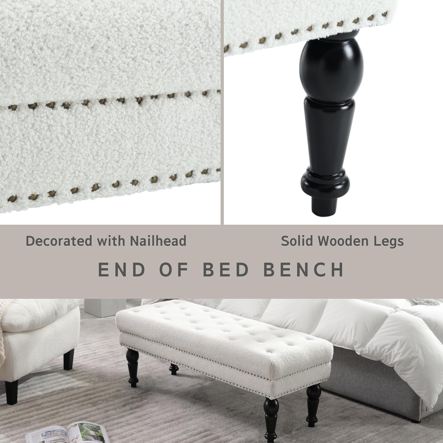 Banco tapizado moderno, de 45 pulgadas, sherpa para dormitorio, banco otomano con botones copetudos y patas de madera maciza para dormitorio, sala