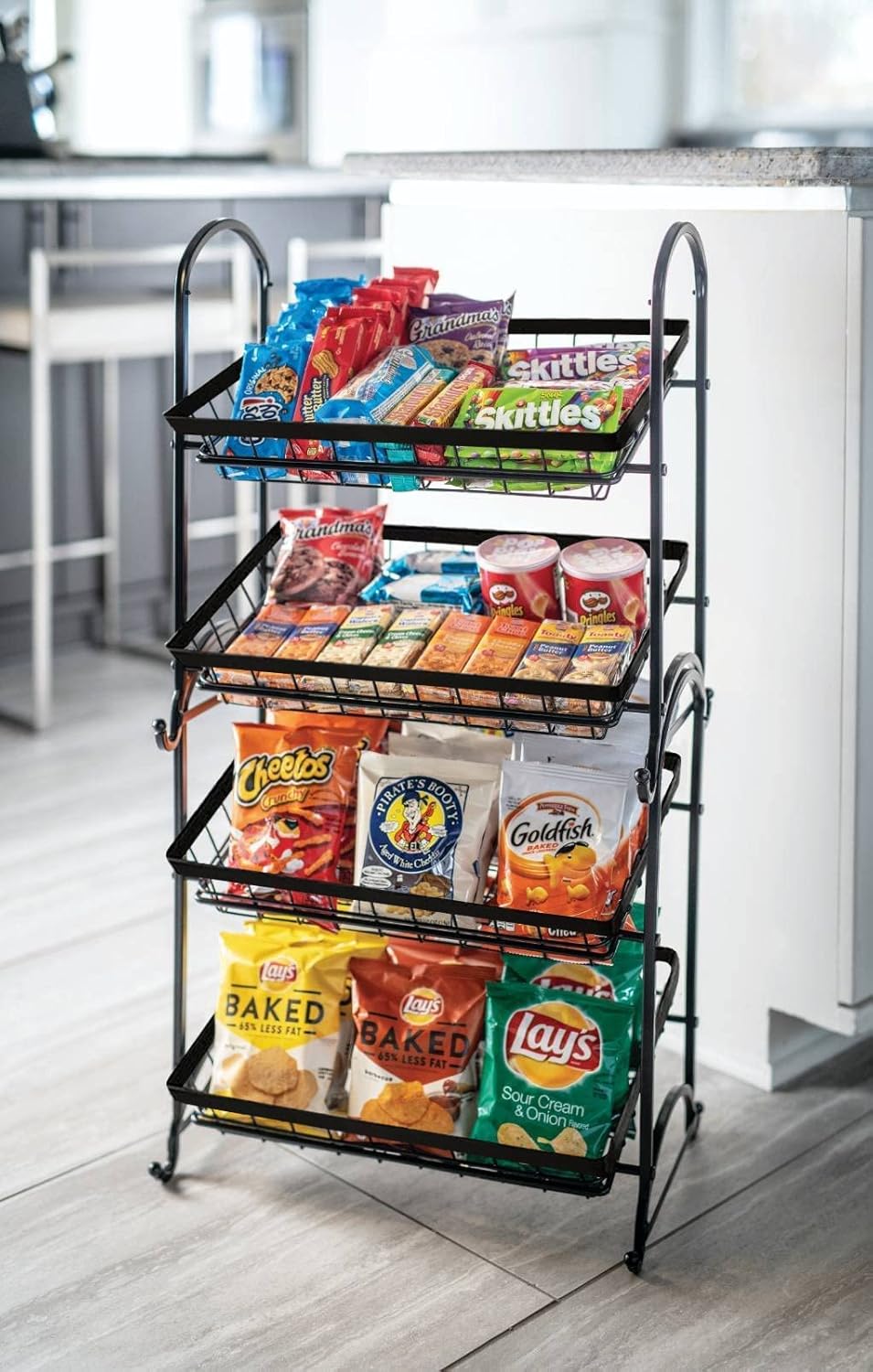 Organizador apilable para latas, soporte de exhibición angular de 2 niveles, soporte de cesta de frutas, estante de papas fritas, sensor
