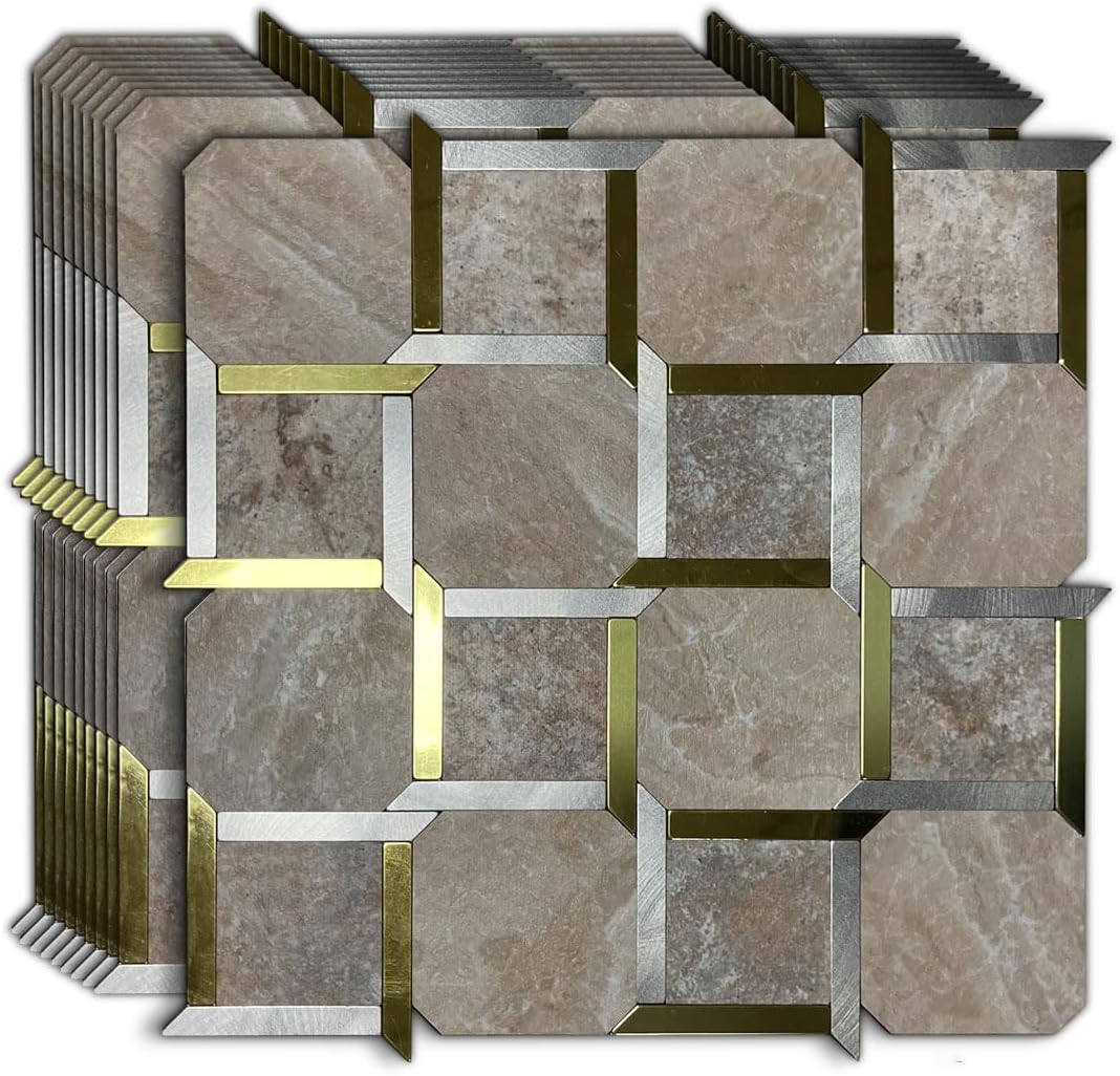 XUANINY Azulejos metálicos para salpicaduras de 10 hojas, paneles de pared autoadhesivos de múltiples formas, mosaico 3D para decoración de cocina y