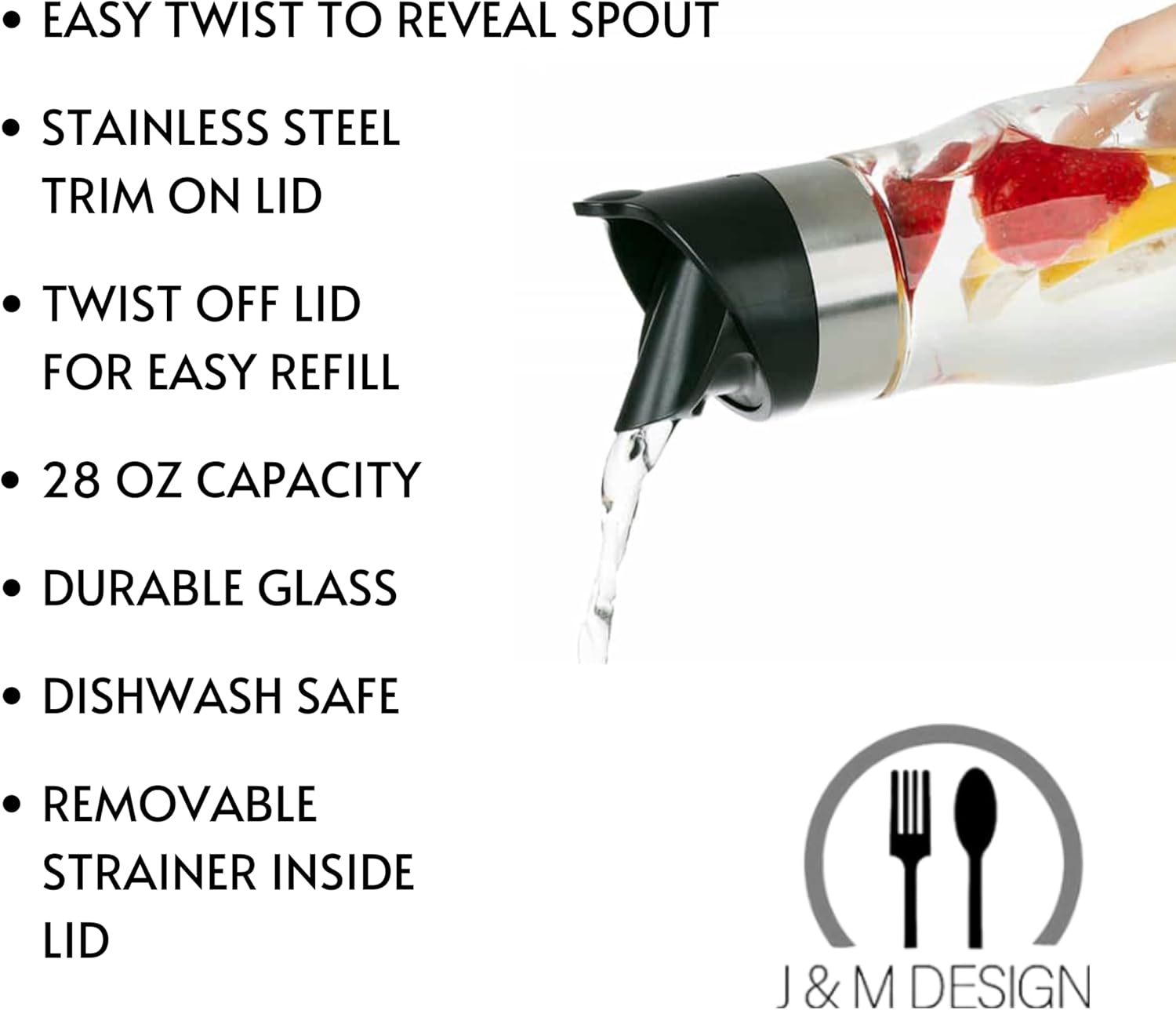 J&M DESIGN Jarra de agua de vidrio de 28 onzas con tapa de acero inoxidable y plástico de fácil torsión, con colador extraíble para bebidas de jugo,