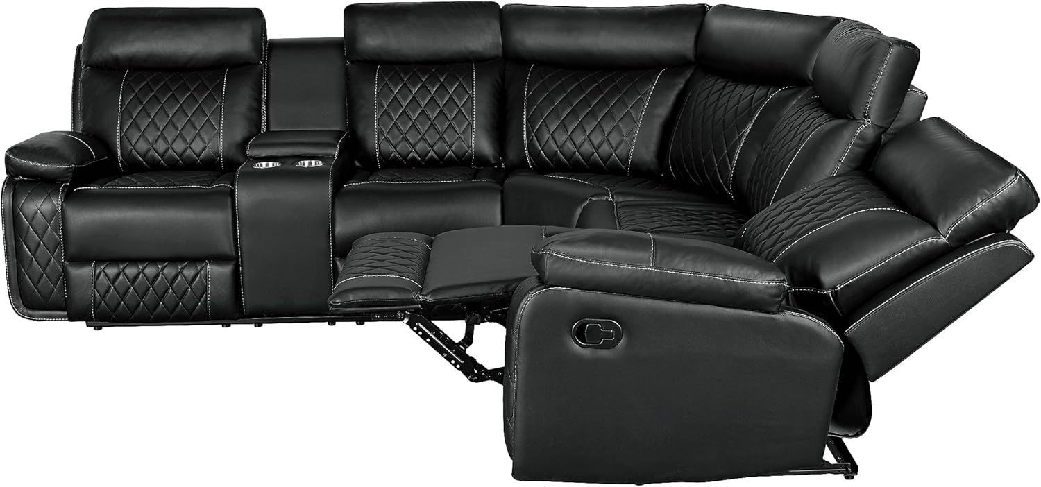 Juego de sofá seccional simétrico de PU, moderno, almacenamiento oculto, sofá esquinero reclinable manual con consola central y portavasos para sala