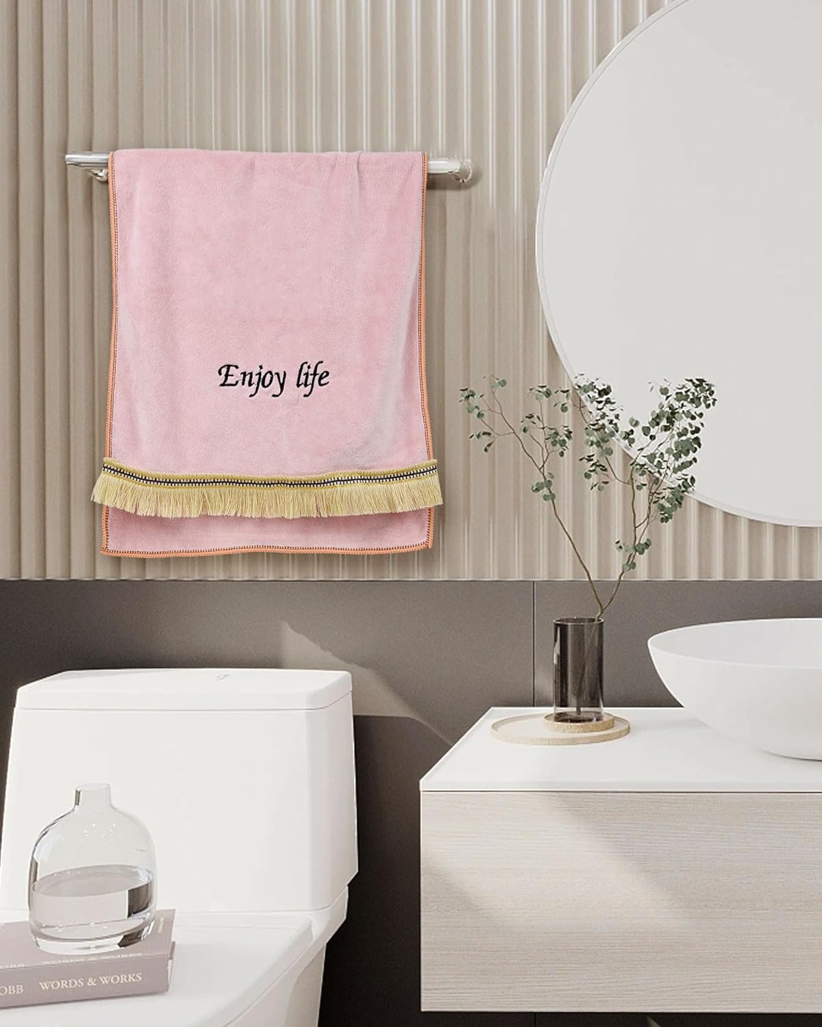 Cleanbear Juego de 4 toallas de mano rosas con borlas decorativas para baño, toallas de baño de microfibra de alta calidad, extremadamente suaves y