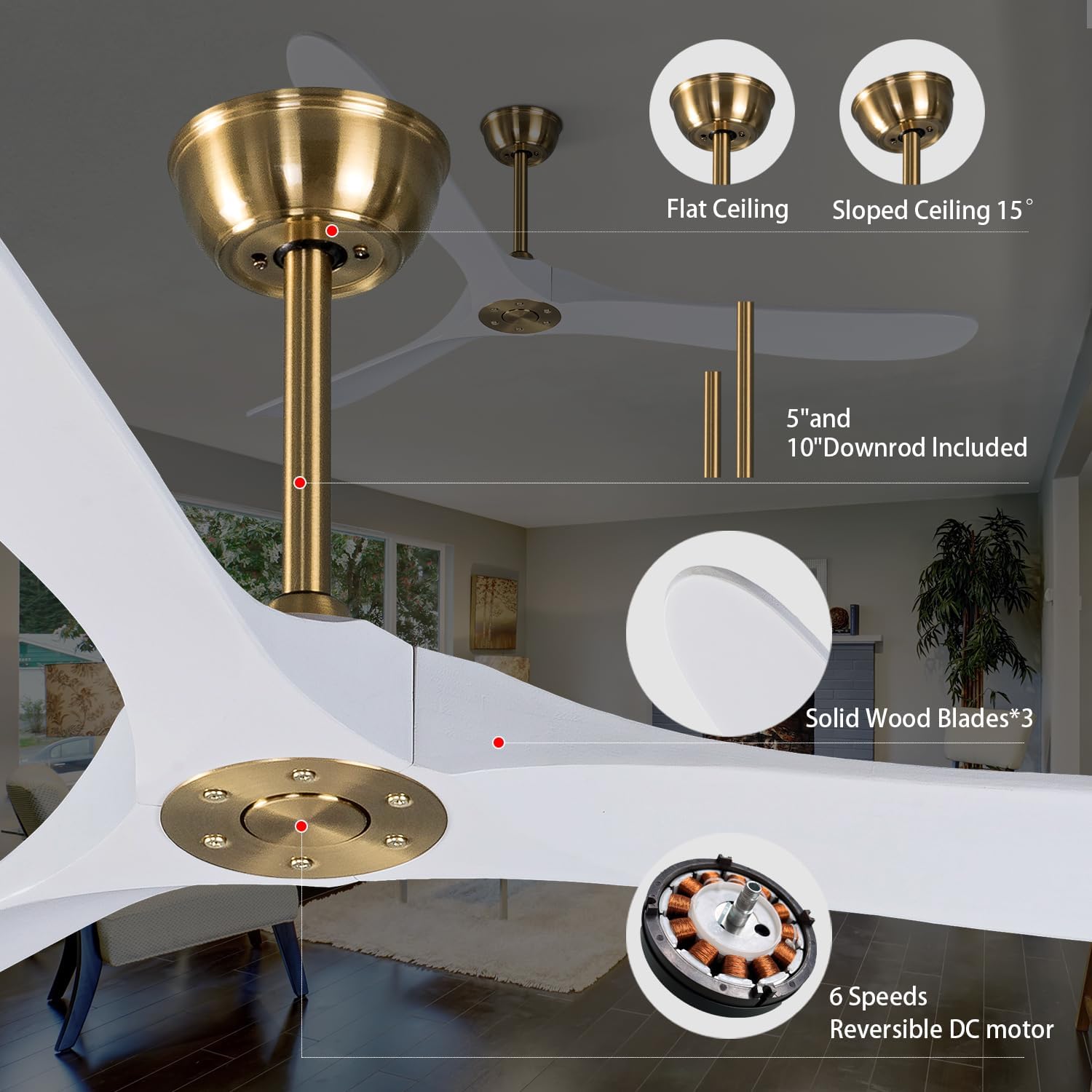 Ventilador de techo blanco grande de 70 pulgadas con control remoto, motor de CC silencioso ahorro de energía, 3 cuchillas de madera de balsa negra,