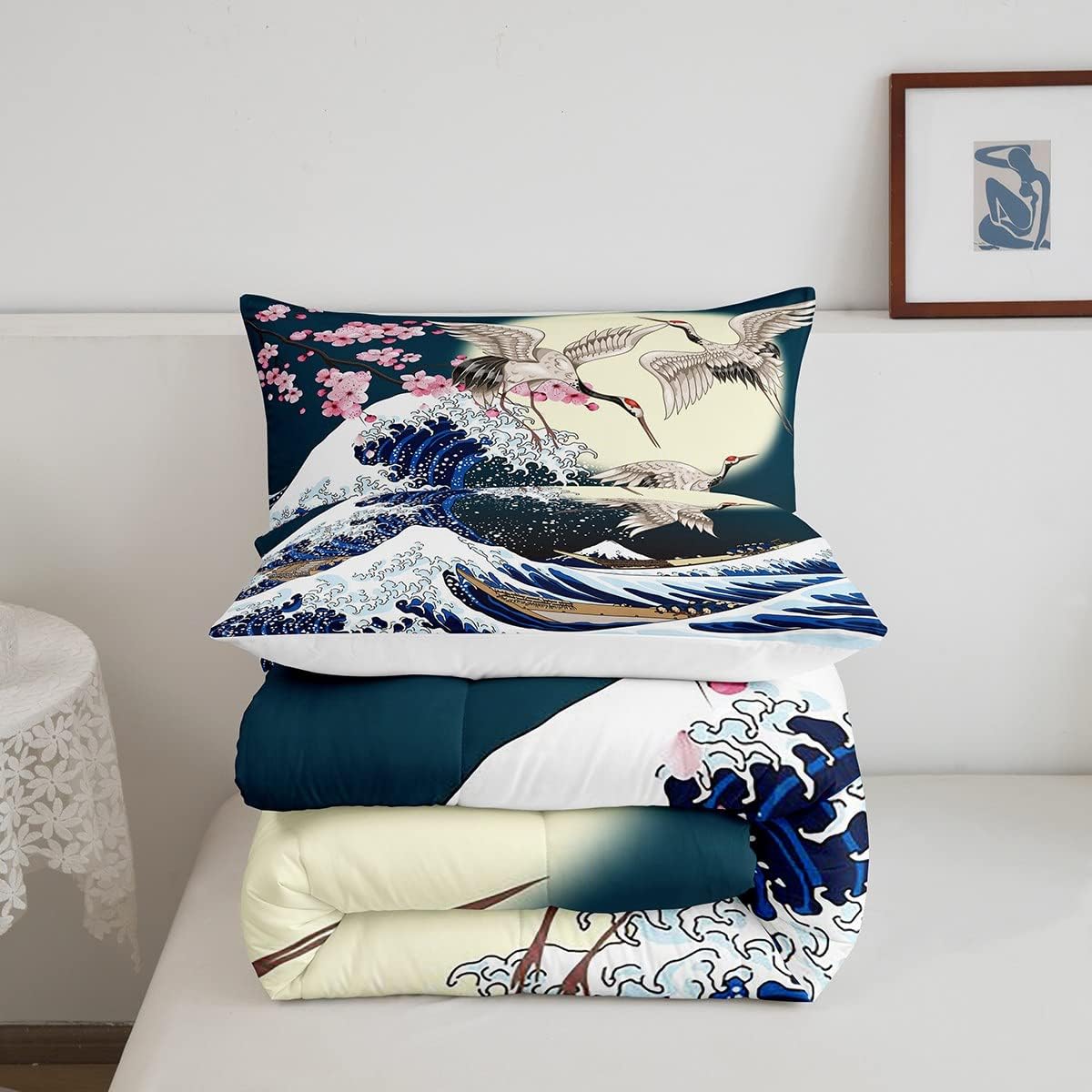 Erosebridal Juego de edredón de estilo japonés, tamaño King, estampado de grulla de cerezo para niños, niñas y mujeres, decoración de dormitorio,