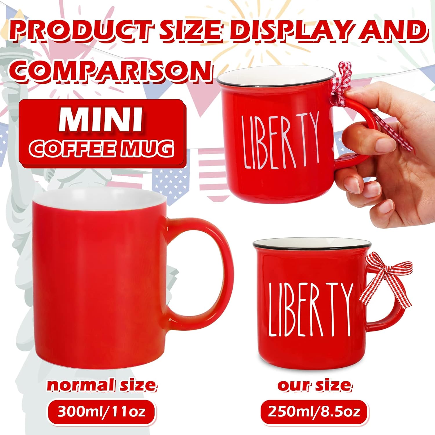 Whaline 6 mini tazas de café patrióticas con cinta a cuadros, rojo, azul, blanco, mini tazas para beber God Bless America, bandeja patriótica con