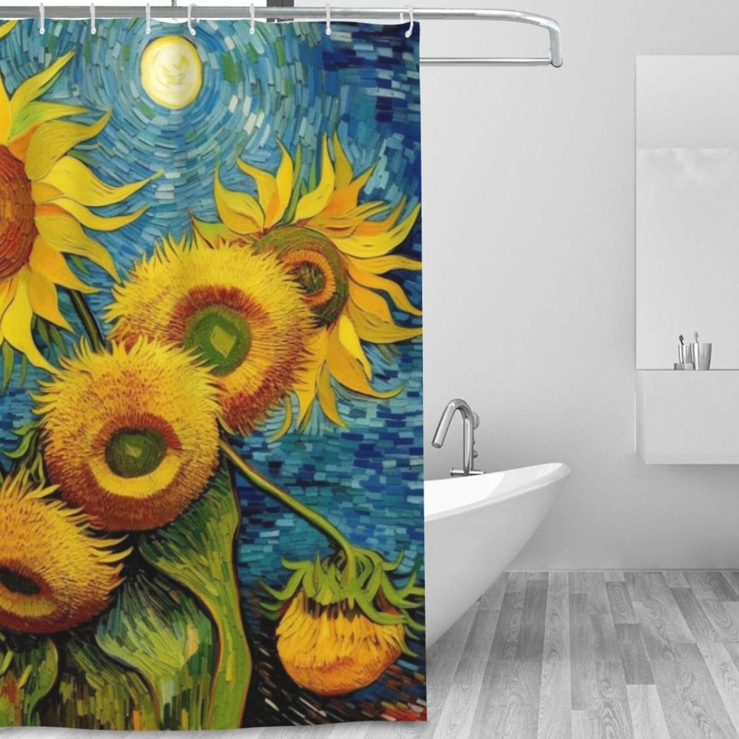 Juego de cortina de ducha de girasol para baño, pintura al óleo, hojas verdes, flores, bohemio, tela amarilla abstracta, moderna, impermeable,