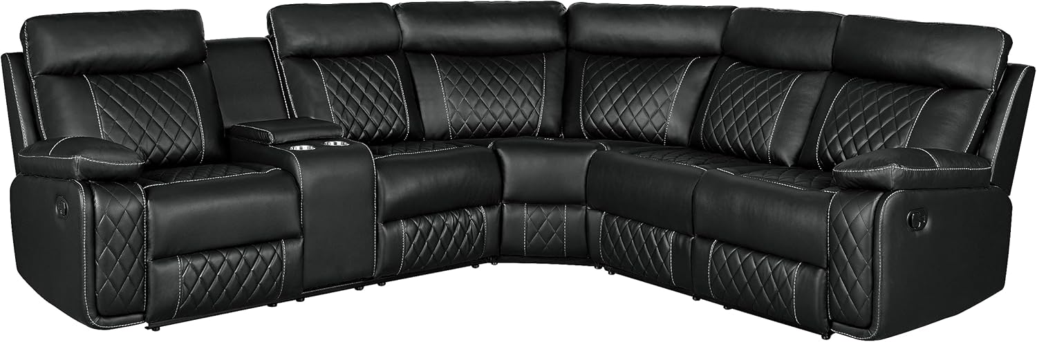 Juego de sofá seccional simétrico de PU, moderno, almacenamiento oculto, sofá esquinero reclinable manual con consola central y portavasos para sala