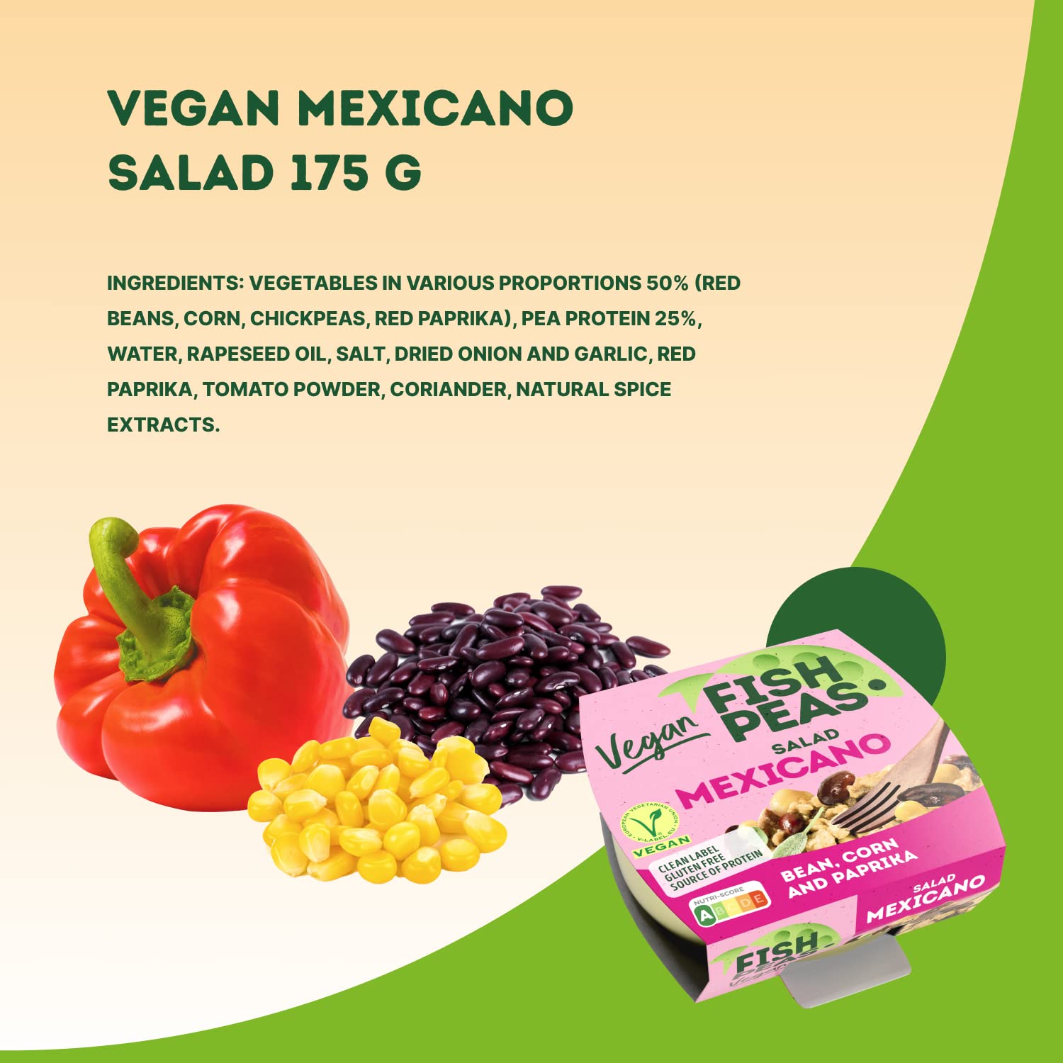 FISH PEAS – Ensalada MEXICANO de alimentos veganos a base de plantas con frijoles, maíz y pimentón. Comidas listas para comer a base de plantas, sin
