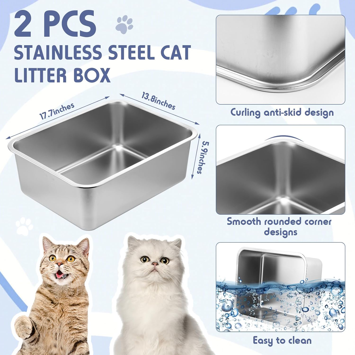 Tioncy Juego de 2 cajas de arena de acero inoxidable y pala de arena para gatos con 1 alfombrilla de arena para gatos, caja de arena de metal,