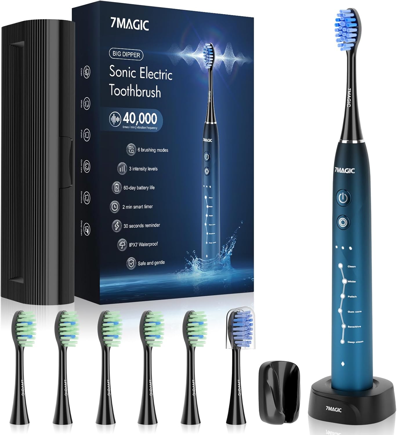 Cepillo de dientes eléctrico sónico para adultos, cepillo de dientes recargable con 6 modos y 3 intensidades, cepillo de dientes de 40000 VPM con 6