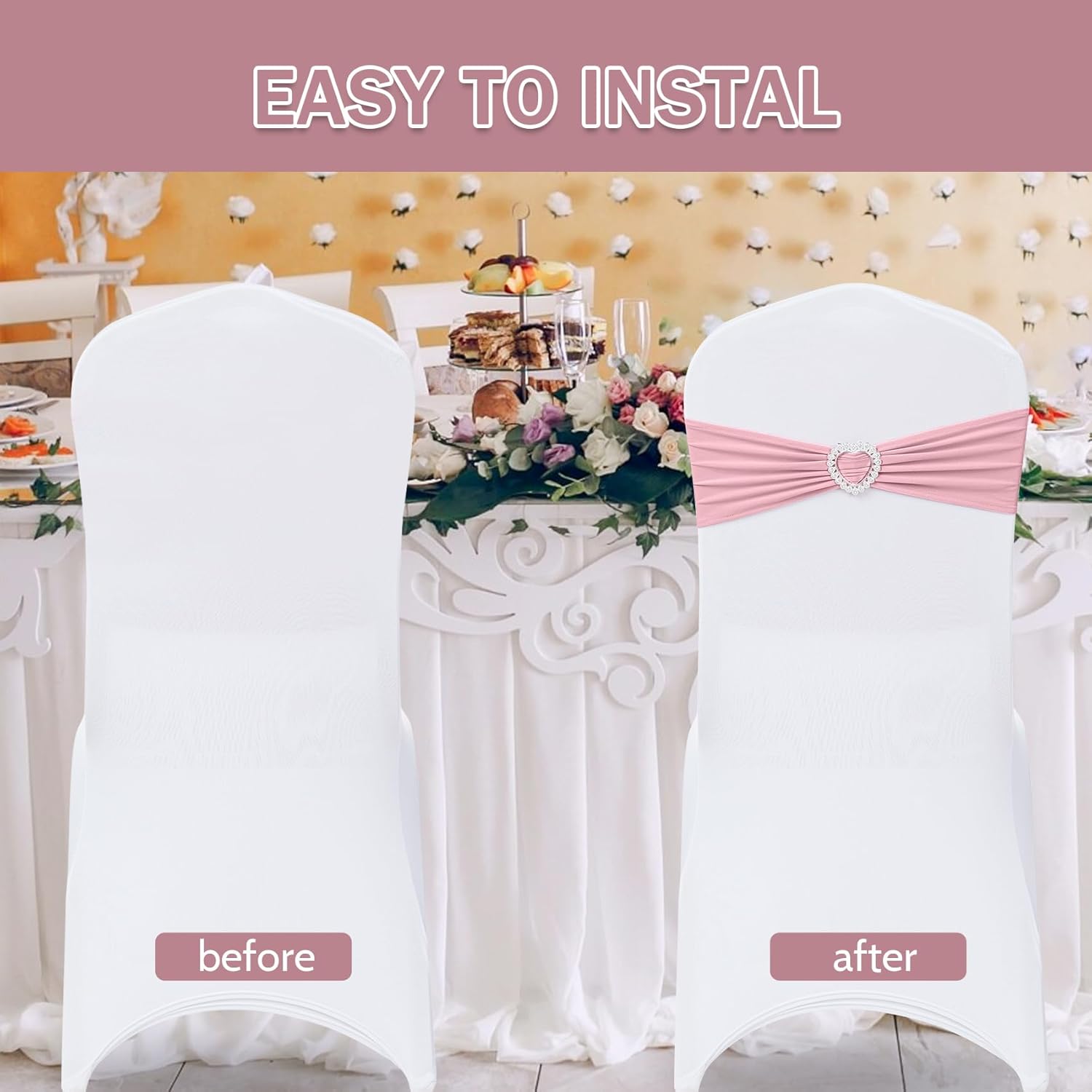 Howhic Paquete de 60 bandas elásticas de elastano para silla con hebilla deslizante, lazos elásticos universales para bodas, banquetes, fiestas,