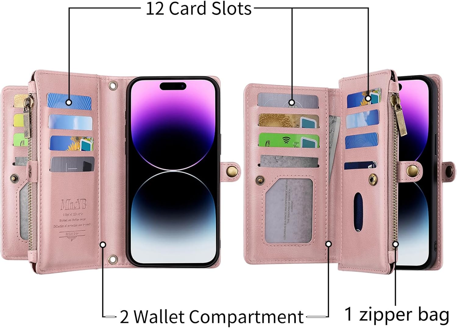 MInCYB Funda tipo cartera para iPhone 13 Pro con tarjetero (12 ranuras para tarjetas), funda de piel sintética para mujeres y hombres, carga